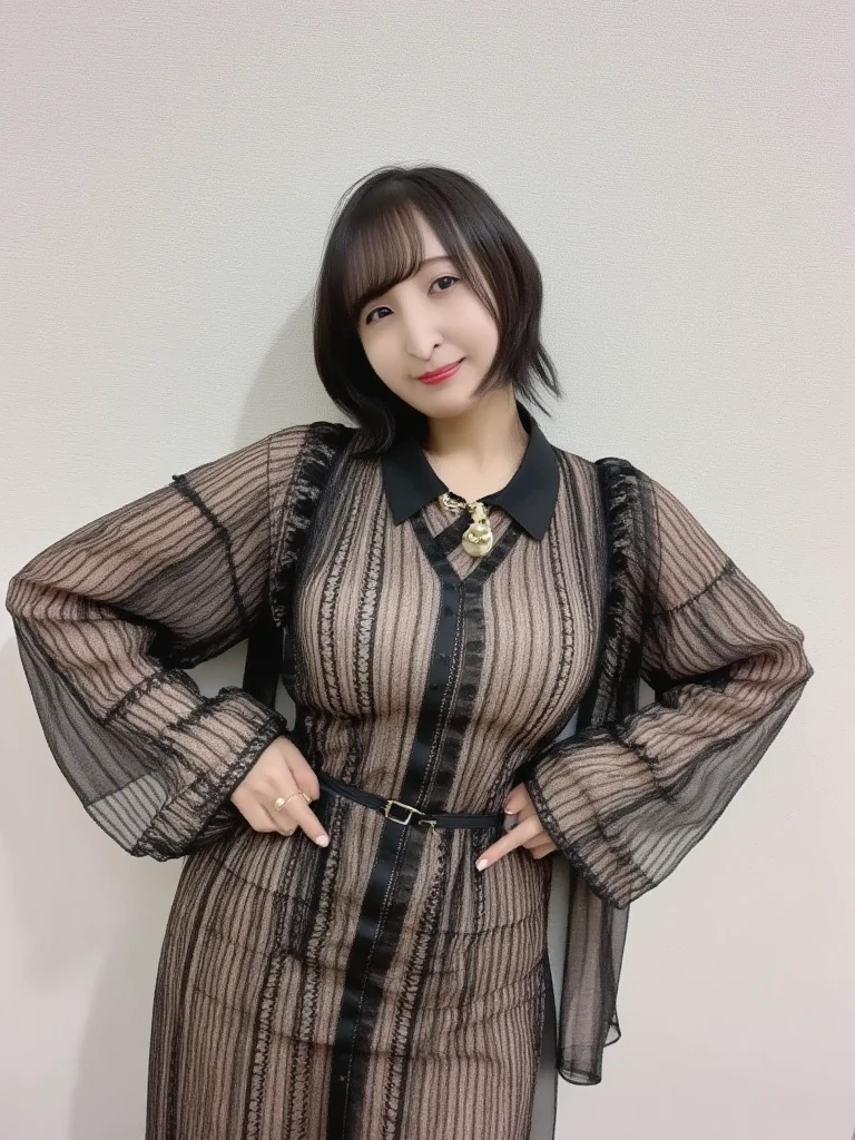 黒いturtleneckのセーターを着た日本女性、 (((masterpiece))), ((Highest quality)), ((Intricate details)), (((超Realistic)), irrational solution, Near and far, Very detailed, Realistic, 1 girl, ((Big Breasts)), Perfect hands, Finger details, Beautiful and detailed, short hair, Brown eyes,(turtleneck:1.2), Tight Skirt, Detailed Background, choker, Perfect Eyes, Captivating eyes, Looking at the audience, from the front、Laughter、Moles around the mouth、Knitted dress、((Nipples))