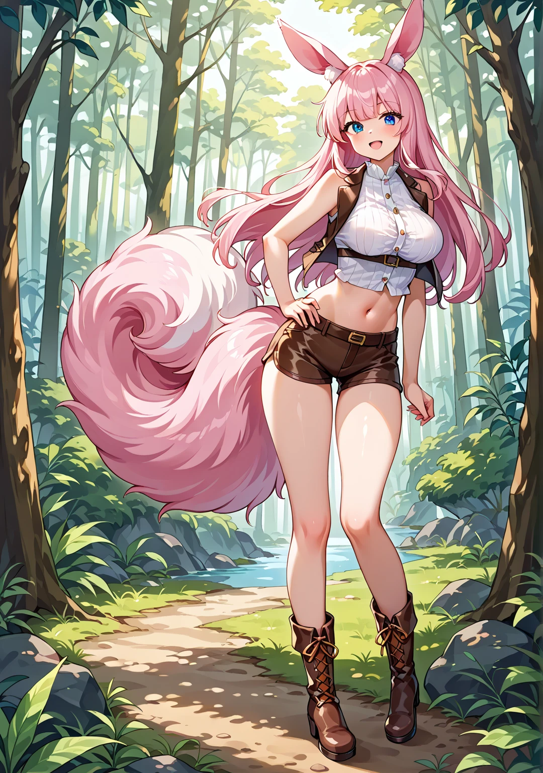 (Masterpiece) (High Detail) (High Res) a short petite humanoid girl with pale human skin, bright turquoise-coloured eyes, long pink hair in a braid and large fluffy pink dog ears and a big fluffy pink dog tail and average breasts wearing only denim overalls with nothing underneath. She is in the countryside. Trees and Pink blossoms around. Pink Hair. Pink Tail.