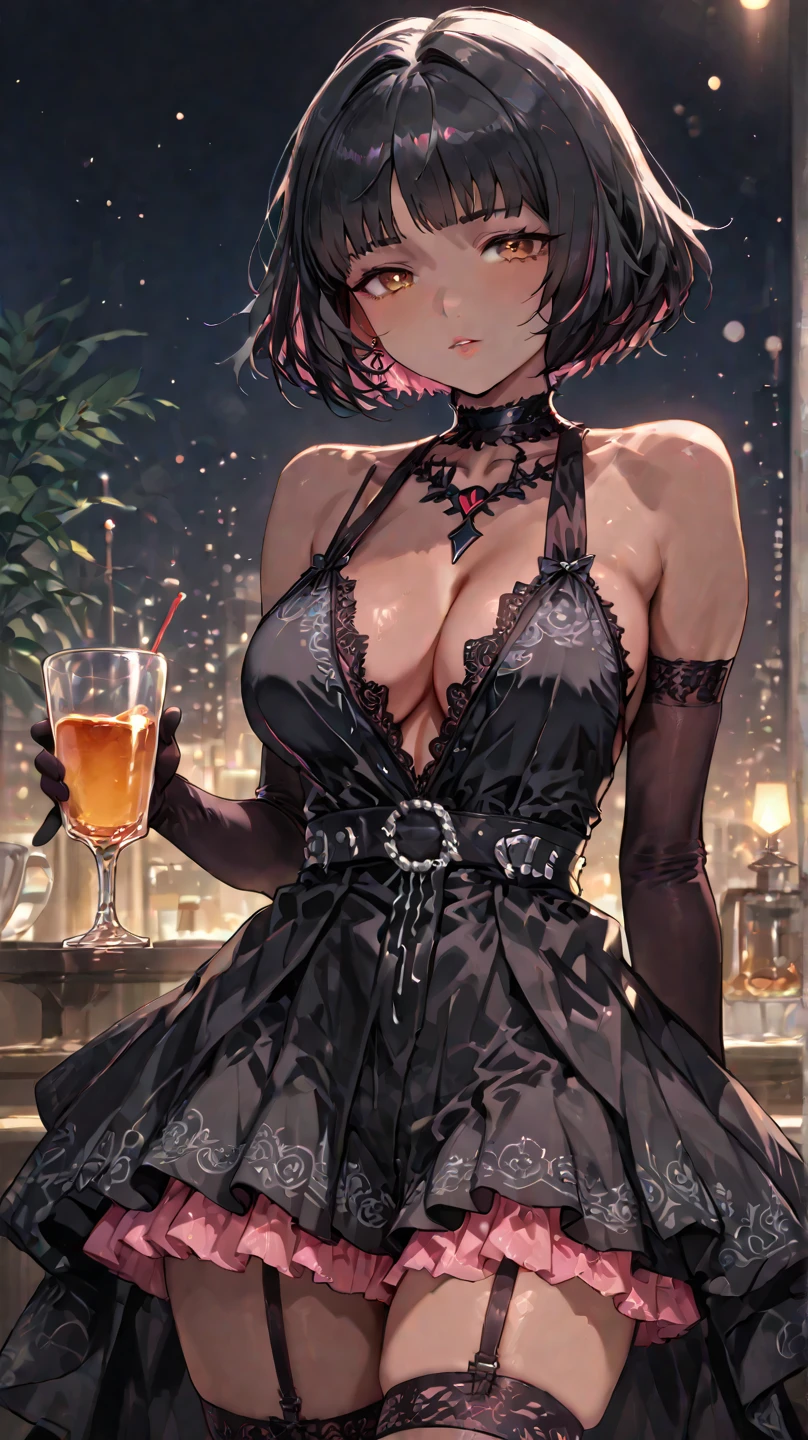 mature woman, 1 girl, alone, solo (masterpiece, best quality, very detailed), sharp focus, detailed face, face focus, focus on face, very detailed eyes, long black cyclamen hair, (cyclamen highlights: 1, 3), side bottom braid, cyclamen red eyes, (sparkling eyes: 1,2), long eyelashes, (strong blush: 1,2), delicate makeup, ((ball lace dress, long skirt, lace, elegant)), Crusader earrings, ear piercing, cinematic lighting, edge lightning, shading, dynamic angle, sharp image, perfect quality, perfectly crafted background, beautiful warm lights, sexy, ballroom, castle, dancing in ballroom, Crystal chandelier, close-up, portrait, solo,