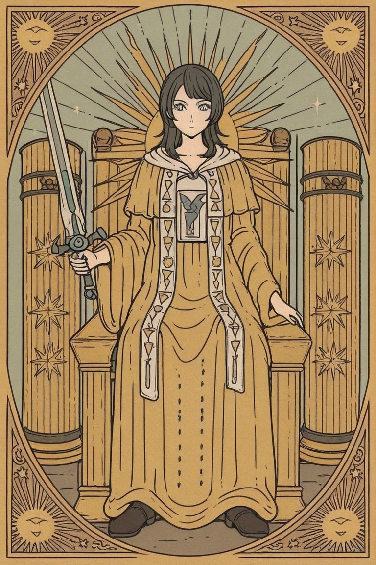 1girl,tarot_illustration_style,tarot card, The Justice tarot card, Yahata Umiri ,Ave Mujica, calm girl medium long hair,black hair, wearing a white and gold robe, holding a sword and a scale, sitting on a marble throne, tarot card frame with balanced borders, title ‘Justice’ at bottom, clean white and blue tones, high detail, composed expression