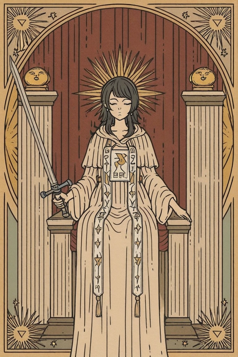 1girl,tarot_illustration_style,tarot card, The Justice tarot card, Yahata Umiri ,Ave Mujica, calm girl medium long hair,black hair, wearing a white and gold robe, holding a sword and a scale, sitting on a marble throne, tarot card frame with balanced borders, title ‘Justice’ at bottom, clean white and blue tones, high detail, composed expression