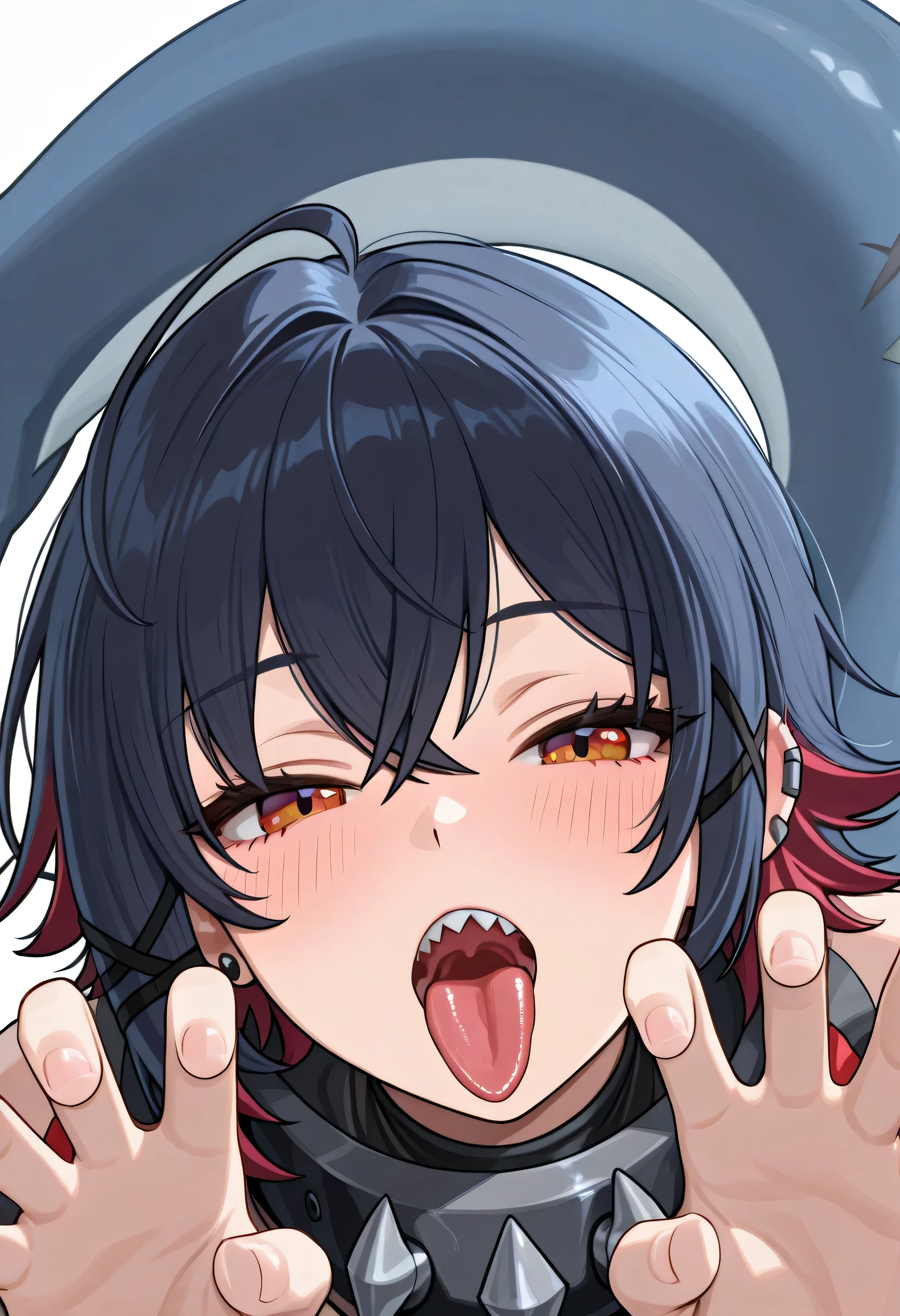 Ellen_Joe_(Zenles Zone Zero), tail shark, shark girl, piercing, ear piercing, 1 girl, alone, head only pose, hands, doing peace pose, detailed mouth, beautiful mouth, sticking out tongue, semi-blush, detailed eyes, beautiful eyes, detailed iris, beautiful iris, seductive look. 