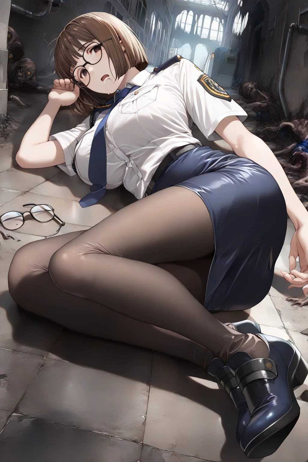 (masterpiece), 4K,woman,I have a pen,policewoman,police,Have,Small breasts,Small Ass,Bobcut,Light bulb lighting,Realistic, skinny, Amis Stockings,smile,Police car sitting,((Knee-length pencil skirt)),
