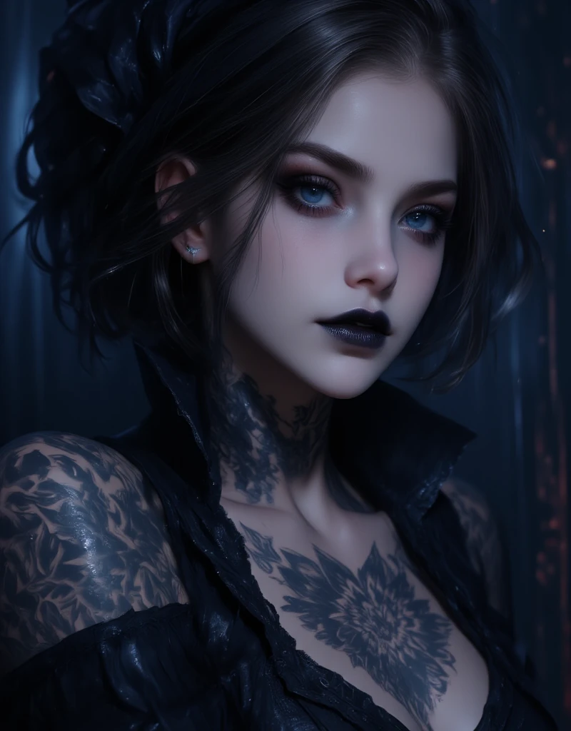 Insanely detailed photograph of a gorgeous vampire man, goth Renaissance, long voluminous white hair, intricate white eyes, fantastical, vampire, ethereal, hyperdetailed, 32k resolution, dynamic lighting, hyperdetailed, intricately detailed, trending on Artstation, triadic colors, volumetric lighting, BalenciagaStyle,Woman with Casual white clothes, long black hair, medium breasts, shoulder tattoos of stars