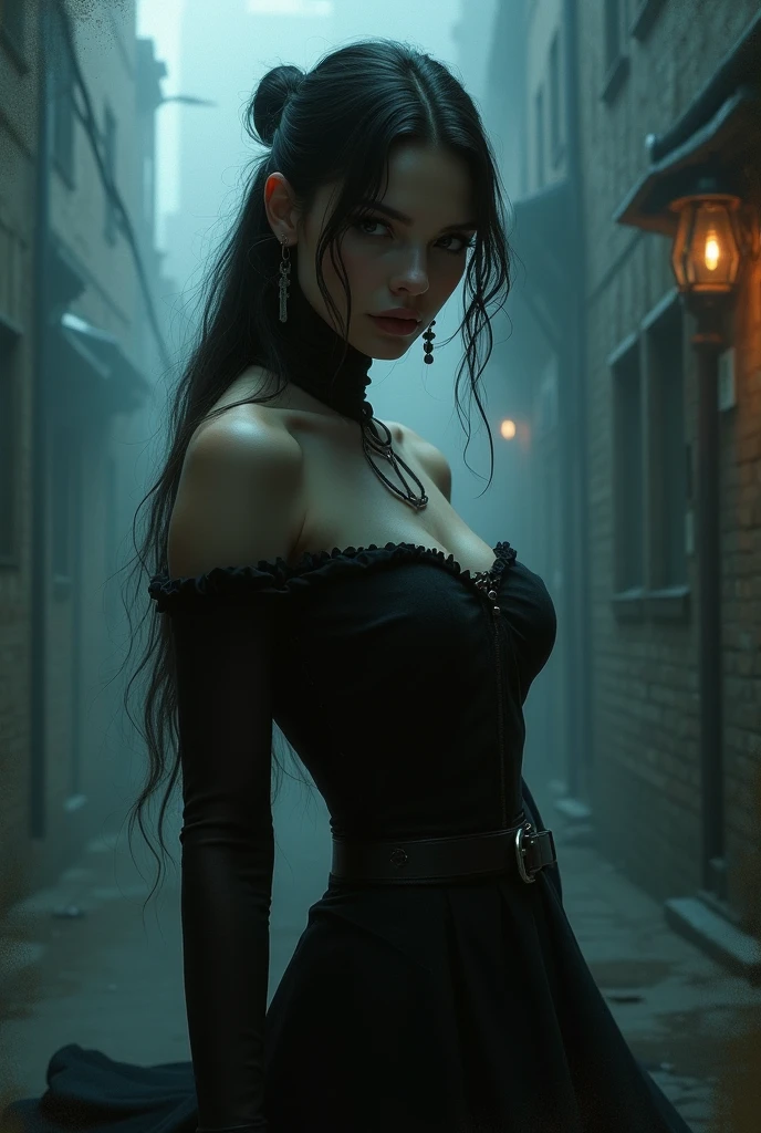((masterpiece, best quality)), (1 woman), (solo), (female focus), grey lace blouse, black pleated mini skirt, black hair, red eyes, Devil horns, Devil tail, fishnet stockings, (very wide shot:1.5), cowboy shot