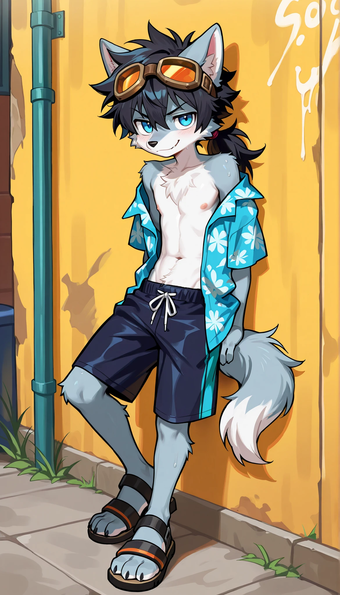 Solo, male, buta99, bulge, canine, shirtless, slim, thin, lean, black hair, hair, wavy hair, messy hair, green eyes, detailed eyes, white fur, white body, blushing, embarassed, alleyway, golden hour, plants