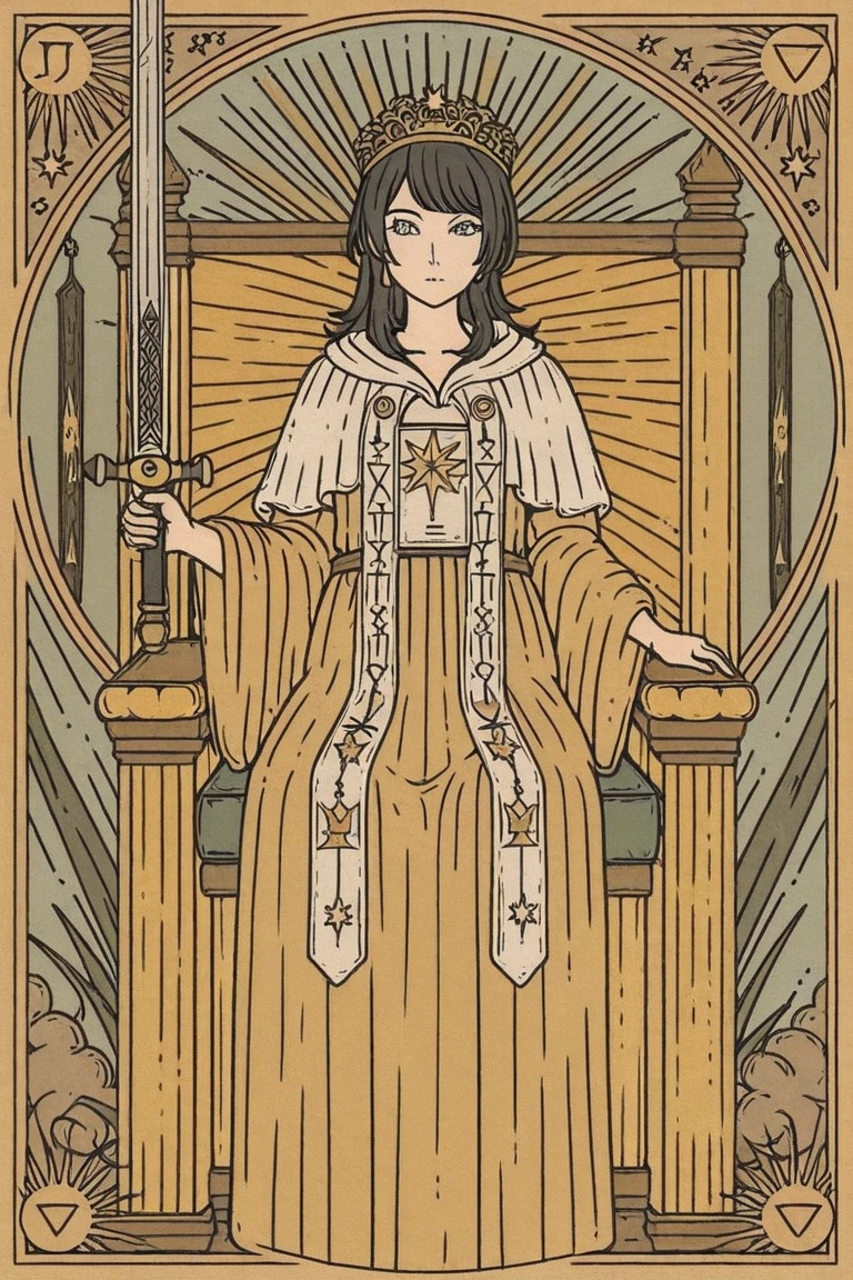 1girl,tarot_illustration_style,tarot card, The Justice tarot card, Yahata Umiri ,Ave Mujica, calm girl medium long hair,black hair, wearing a white and gold robe, holding a sword and a scale, sitting on a marble throne, tarot card frame with balanced borders, title ‘Justice’ at bottom, clean white and blue tones, high detail, composed expression
