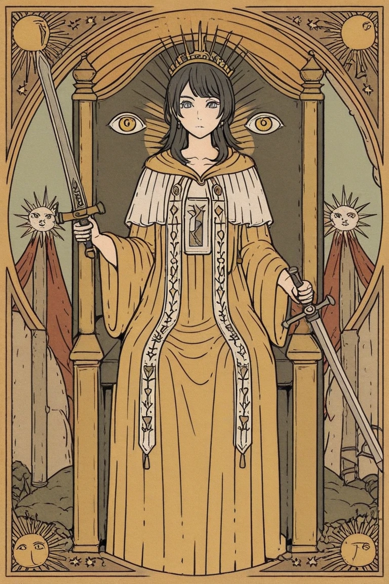 1girl,tarot_illustration_style,tarot card, The Justice tarot card, Yahata Umiri ,Ave Mujica, calm girl medium long hair,black hair, wearing a white and gold robe, holding a sword and a scale, sitting on a marble throne, tarot card frame with balanced borders, title ‘Justice’ at bottom, clean white and blue tones, high detail, composed expression