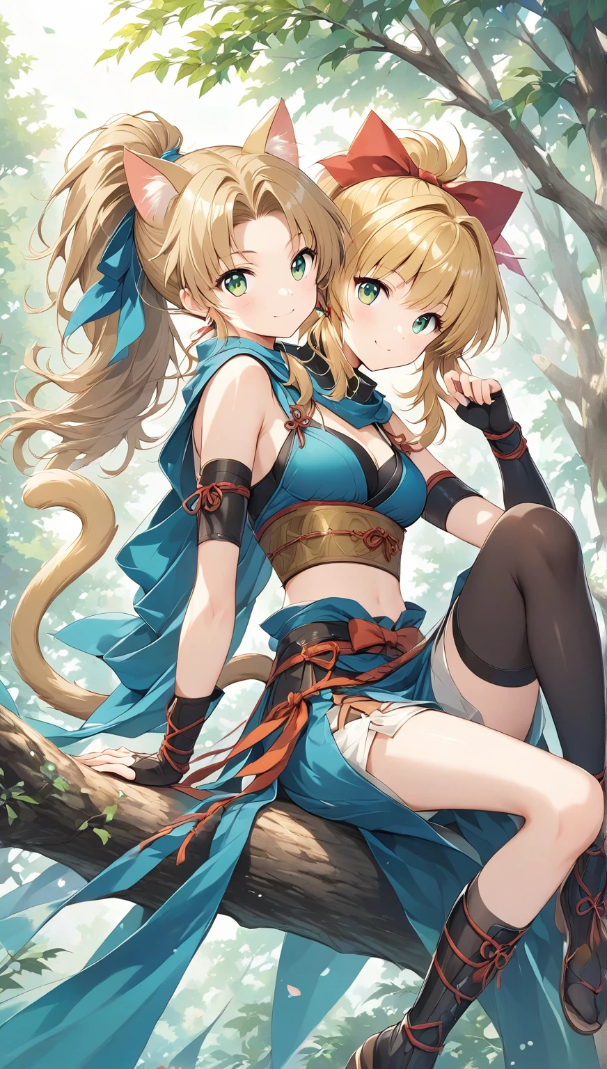 Make a picture where a fairy is getting tied up by a female thief in the woods, bound