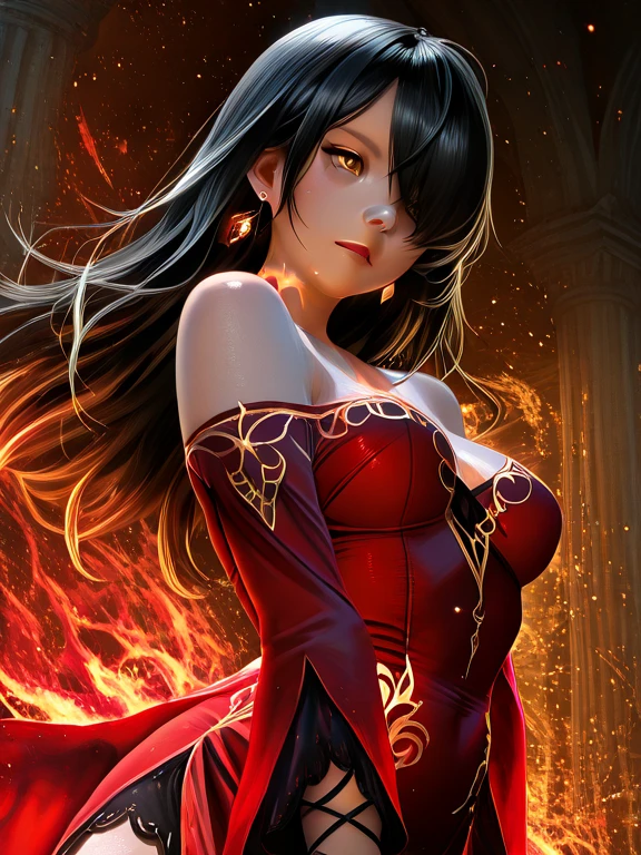 a close up of a woman with a fire and flames on her body, with fiery golden wings of flame, with fiery golden wings, epic fantasy art style, concept art | artgerm, phoenix warrior, extremely detailed artgerm, epic fantasy digital art style, female lord of change, full portrait of elementalist, epic exquisite character art