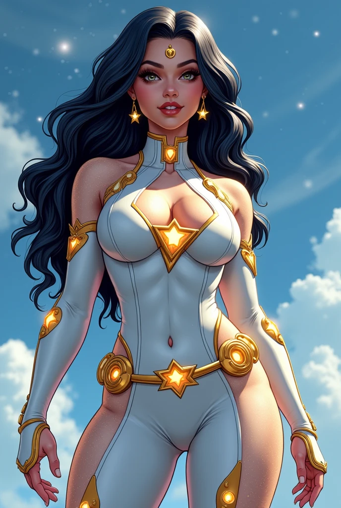 Mayara Rodrigues as a beautiful woman wearing a white scifi bodysuit artstyle by Adam Hughes, masterpiece, perfect pose, high quality, fine lines, thin strokes, ink painting style, soft colors, flowing brushstrokes, low angle