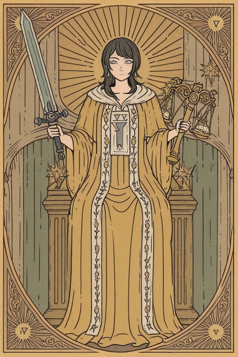 1girl,tarot_illustration_style,tarot card, The Justice tarot card, Yahata Umiri ,Ave Mujica, calm girl medium long hair,black hair, wearing a white and gold robe, holding a sword ,holding a scale, sitting on a marble throne, tarot card frame with balanced borders, title ‘Justice’ at bottom, clean white and blue tones, high detail, composed expression
