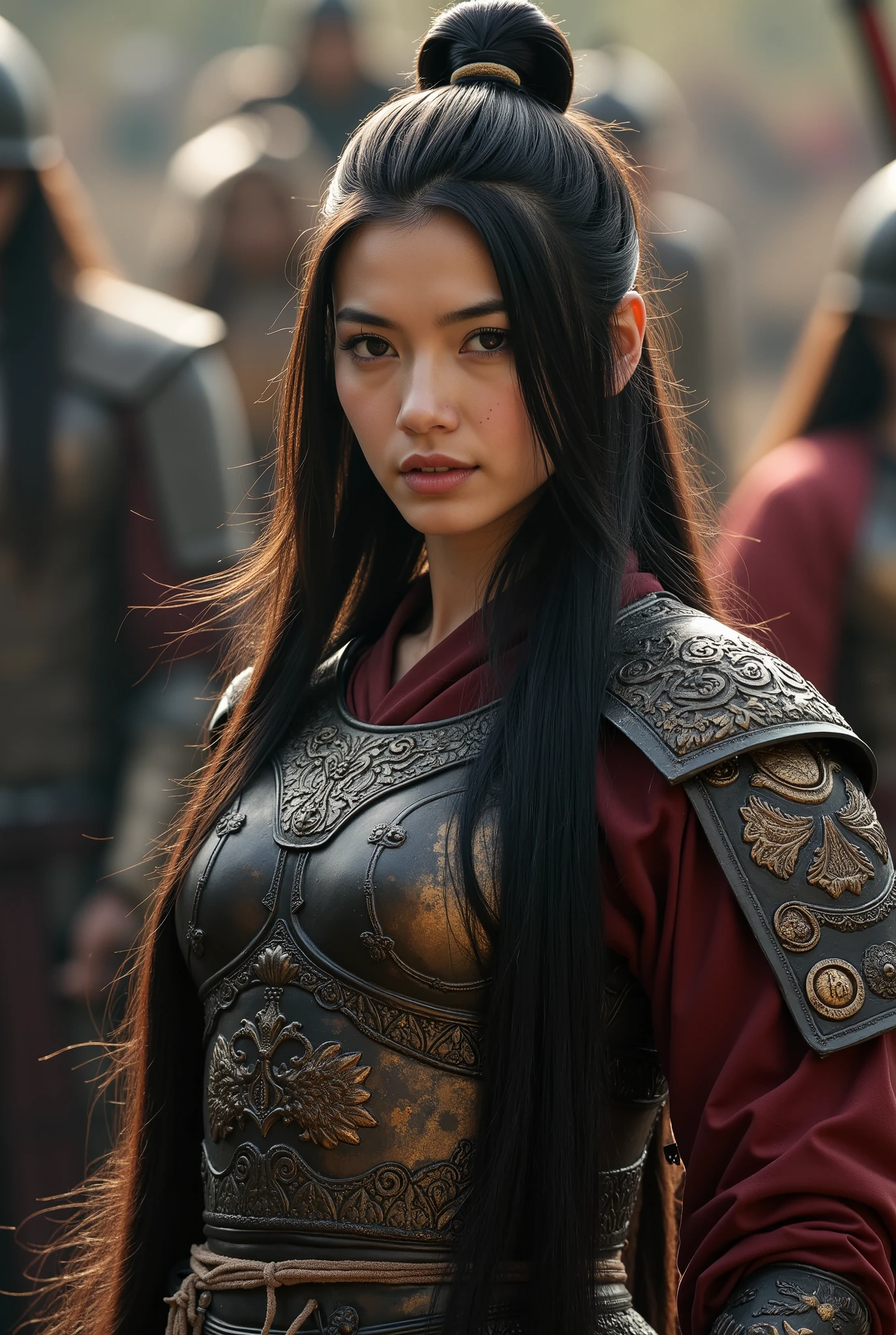 Fresh beauty, Japanese warrior, He wore ornate fantasy armor., minimal iron armor that covers his chest and waist.,  Heroic pose , long black hair, confident expression, dramatic lighting, battle background, high detail costume, Cinematic style