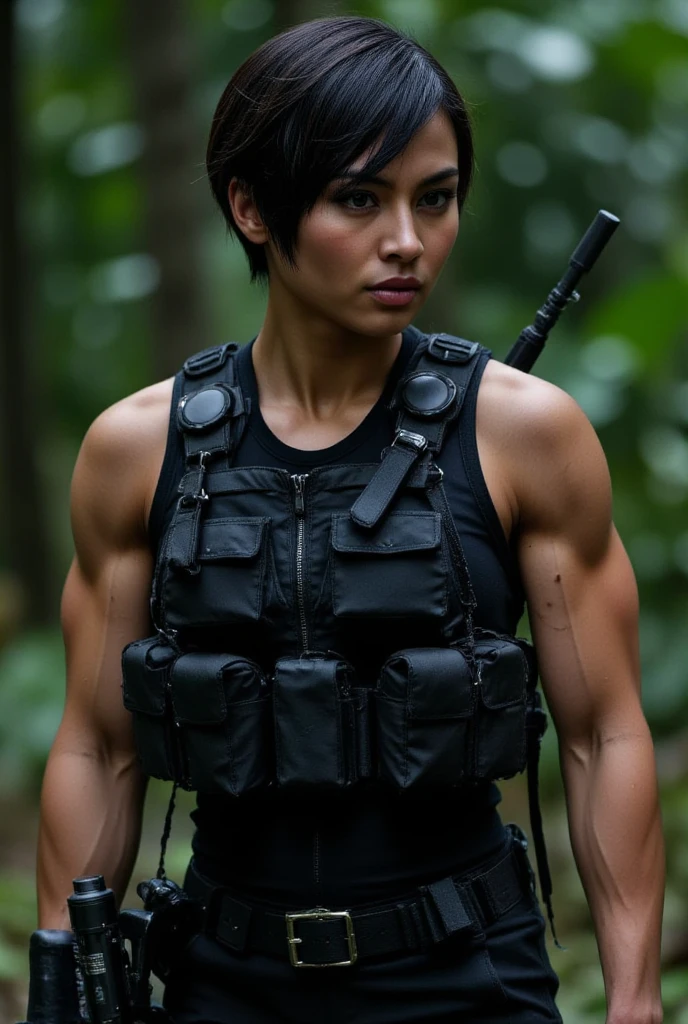 A stunning skinny asian fashion model in full black military gear with tactical vest, utility belt, handgun holster on her side, comm's device, and she is holding a large military machine gun. She has short black pixie hair. Her expression is confident. The image is ultra high-definition with physically based rendering, detailed textures. (black military tactical gear:1.9), black earbuds, (black utility belt:1.5), (muscular biceps:1.3), (machine gun in hand:1.5), (short black pixie hair:1.9), shaved hair on the side, (shaved hair on the side:1.5), She is walking forwards in a dense jungle at night. Heavy rain pours. The image is ultra high-definition with physically based rendering, detailed textures. (Night time:1.8), (very dark), (detailed face), (highly detailed eyes:1.3), (realistic), (photo-realism:1.4), no tattoos