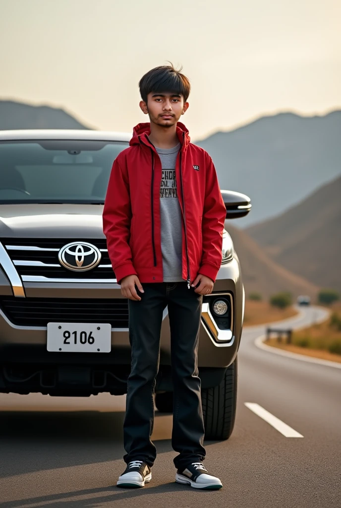 A boy standing in front oh his dream car that is toyota fortuner the boy is wearing a blue hoodie covering his head and toyota fortuner is visible fron front side the boy is facing towards the car