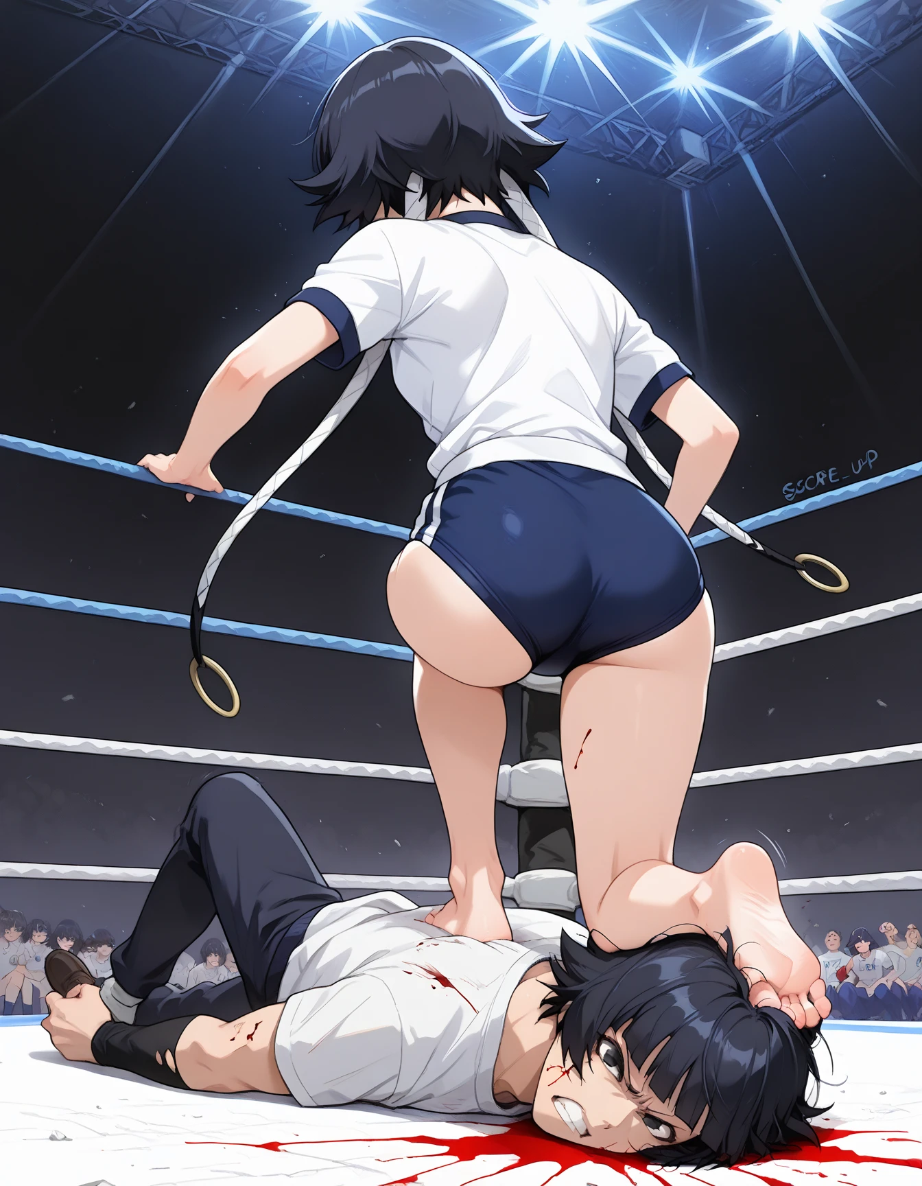 shinkai makoto, kimi no na wa., 1boy, buzzcut, school uniform, boy is front girl, touching chest, chest grope from front, grab, grabbing chest, hug fromt, hugging, neck kiss, 1girl, bangs, black hair, blush, open mouth, brown eyes, tear eyes, collared shirt, open mouth, red headband, red ribbon, red bow, school uniform, short hair, white shirt, skirt,night, indoors, classroom, lie on floor, open skirt, white panties, partially unbuttoned, open clothes, navel, white bra, arms up, hold another hand, hold arms, lying, lying on floor, lie on floor, passionate hug, face to face,
