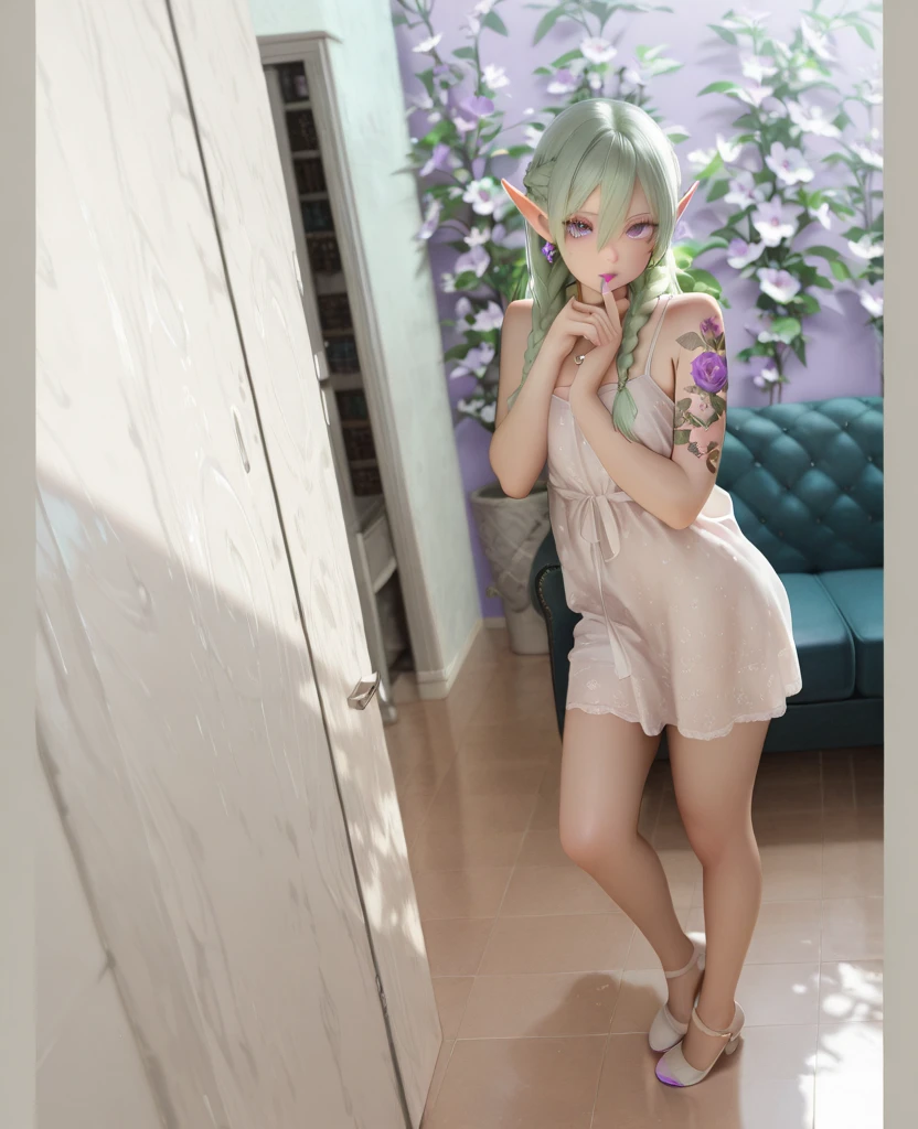 Close-up of a woman dressed in green, , dress,Anime girl cosplay, Anime cosplay, , , Loli, anime girl in a maid costume, cosplay, cosplay foto, Maid outfit, white color hair,white stockings,adolable,elvish ears --auto