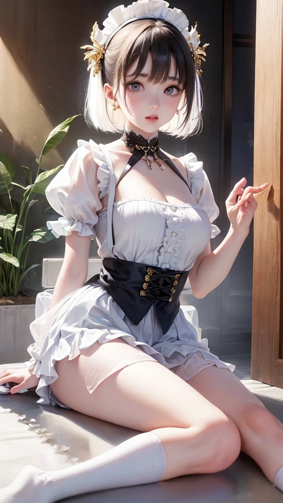 cute girl, girl with short white hair, cat ears, cat tail,