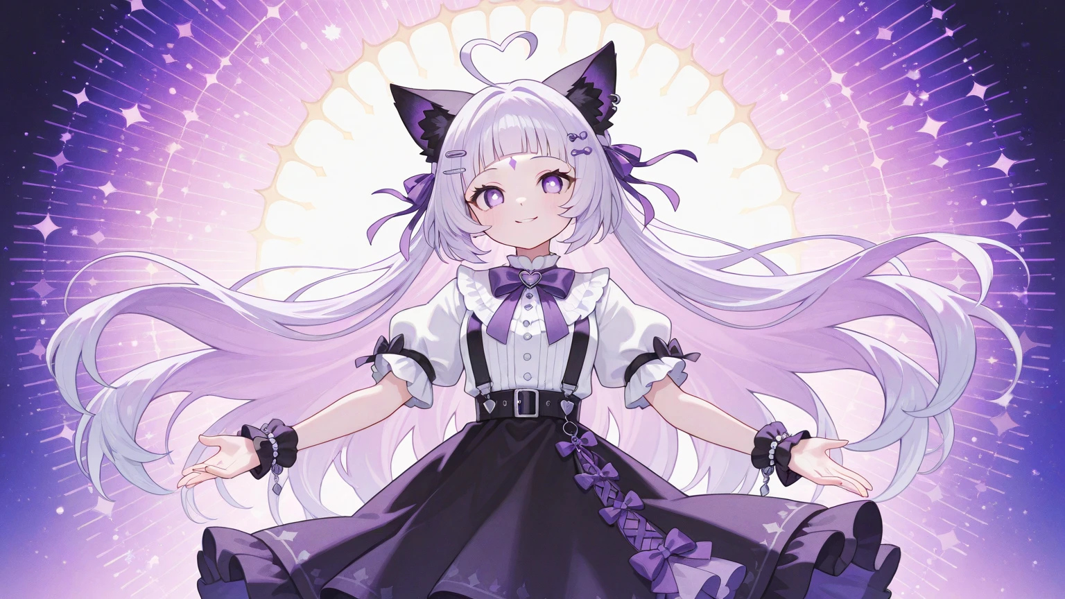 ((solo_1.2)),cute little (1girl_1.3 ,loli ,child),white hair ,long hair .upperbody ,purple eyes ,dress ,(medium breasts ,cleavage ,bow tie ,hands