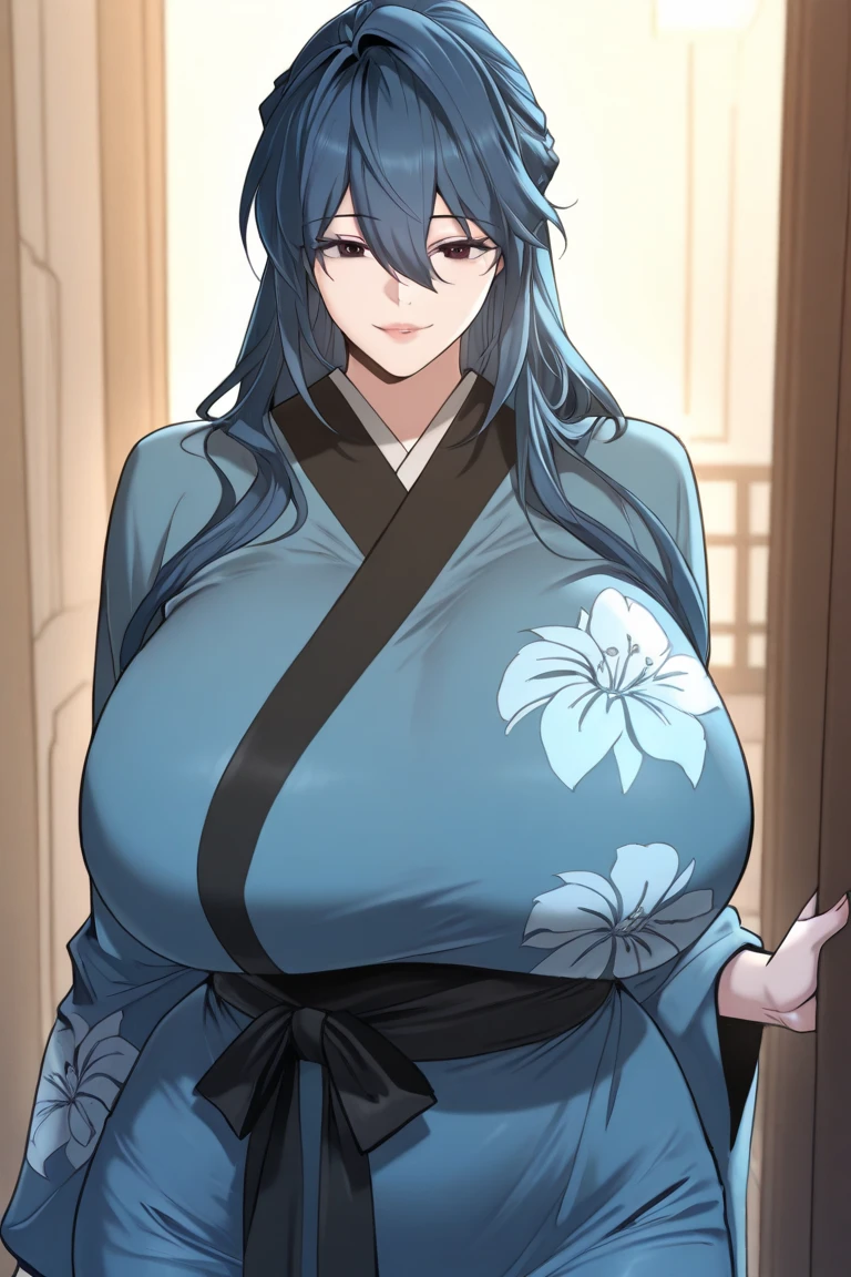 minamoto no raikou,1girl,solo,Mature Women,gigantic huge breasts,slender,breath,amorous glance,looking at viewer,smile,near,standing up,Japanese house,in room,perfect,high quality,faultless,