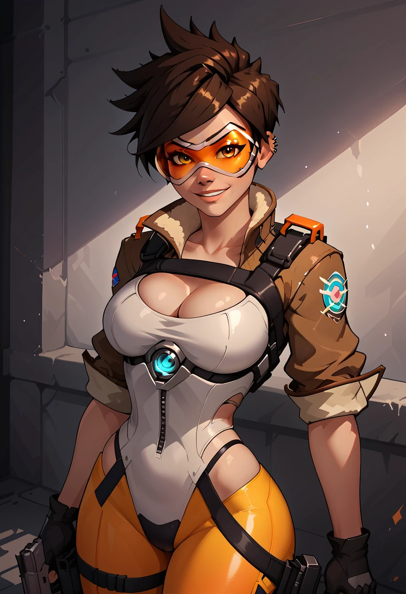 TracerOver, 1 girl, marker (watch), standing alone, orange glasses, chestnut hair, glasses, shorth hair, spiky hair, eyes browns, trunk, to enjoy, jaket, bomber jaket, ssmile, gazing at viewer, May, shirtless, bangss, parted lips, teeths, leathery, lips, brown jaket, leathery jaket, piercing
