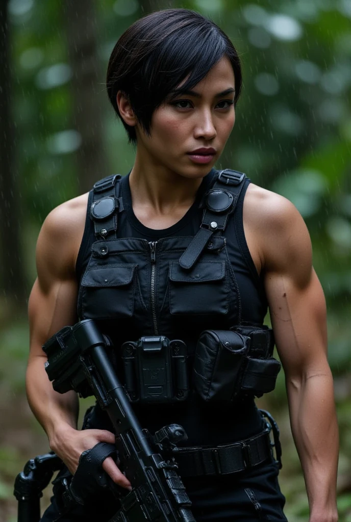 A stunning skinny asian fashion model in full black military gear with tactical vest, utility belt, handgun holster on her side, comm's device, and she is holding a large military machine gun. She has short black pixie hair. Her expression is confident. The image is ultra high-definition with physically based rendering, detailed textures. (black military tactical gear:1.9), black earbuds, (black utility belt:1.5), (muscular biceps:1.3), (machine gun in hand:1.5), (short black pixie hair:1.9), shaved hair on the side, (shaved hair on the side:1.5), She is walking forwards in a dense jungle at night. Heavy rain pours. (rain:1.9), heavy rainfall, The image is ultra high-definition with physically based rendering, detailed textures. (Night time:1.8), (very dark), (detailed face), (highly detailed eyes:1.3), (realistic), (photo-realism:1.4), no tattoos