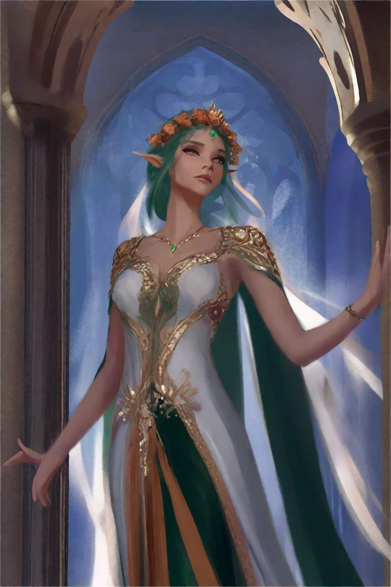 In the void, Beautiful virgins leisurely standing on green leaves dancing，The body is entangled with flowers and green leaves，A lotus flower squeezed in his hand，The head is tilted slightly to the right，white streamer，Delicate and radiant skin，Barefoot，（Long curved eyebrows），Beautiful eyes sparkle，The large, Jewel-like eyes sparkle，Clear pupils have reflected light，二重まぶた，Lying silkworm，looks into camera，（（Plump and rosy lips）） Clearly visible，（（Flushed cheeks）），The mandible is plump，Green skin is delicate and smooth，Delicate skin translucent，The streamers on the body are wrapped around the leaves，jewel embellishment，A delicate and dexterous crown，inlaid gemstones，Delicate and skillfully set gemstones，（Yellow dress），Perfectly designed jewelry is exquisite，Beautiful eyes looking directly at the camera，(((nice hand)))，（（（（Good feet））），（（（good legs））），realisticlying，white skinned，（（Correct body structure）），Golden costume，Blue sky，Head background with round light，Behind him is a colorful rainbow circle，Color glow is turned on，Front lighting，Positive light，No shadows on the face，There are no shadows on the body，Blue sky，Unreal space，ethereal world，dreamworld，with blue sky and white clouds，tmasterpiece，4K，ultra-definition，professional photoshooting，Perspective looks up，Standard lens shooting，