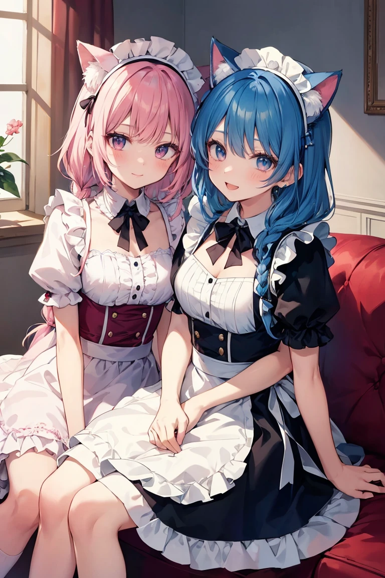 Browsing Caution,Two Girls,Lying down,((Raise both legs)),panties,Have sex,Light blue hair,Light pink hairstyles，Cat ear，Pink Eyes，light blue lolita，White socks，,Pink ribbon,Laughing with your mouth open,Best image quality,Highest quality