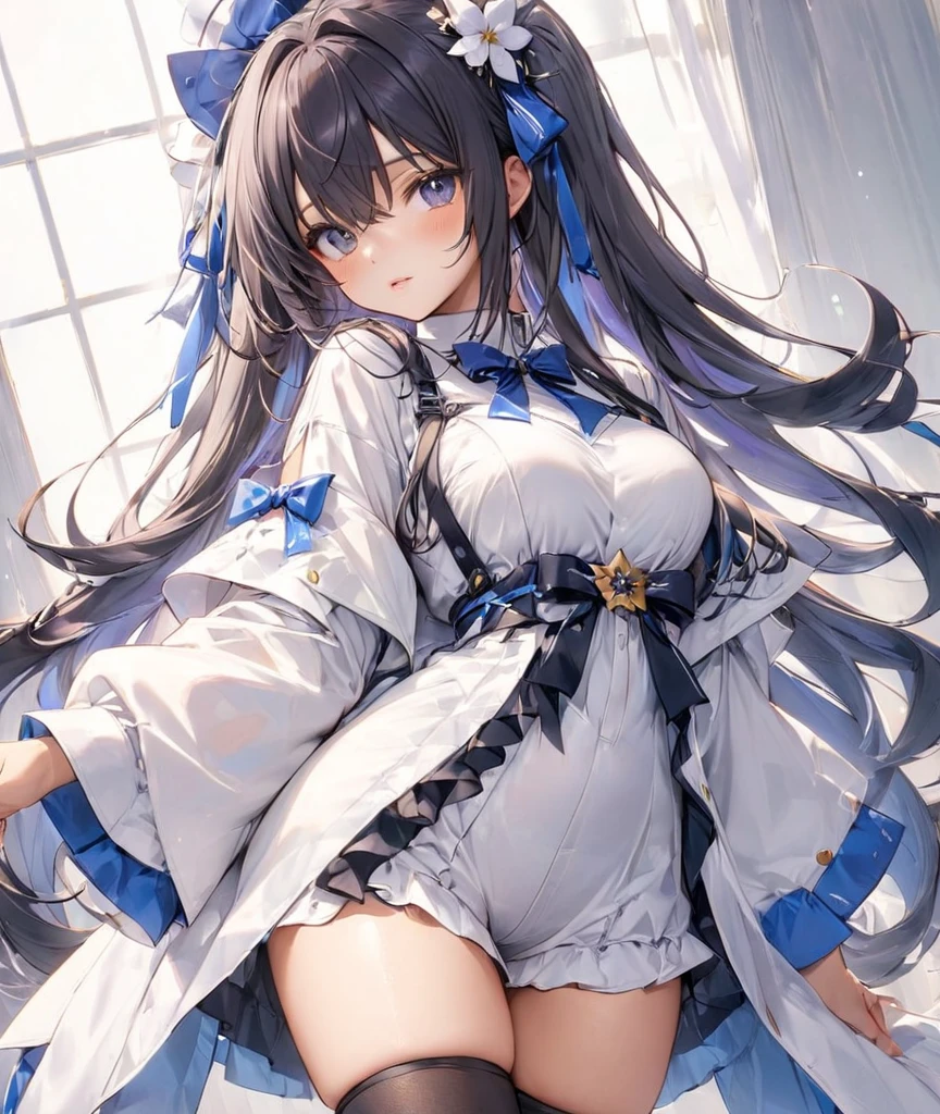 （Enrich the picture，Masterpiece level quality）Beautiful 8K CG artwork，Goddess-like posture，sittinng on the river，Postural exercises，Slim and soft，Translucent skin，Blue hair、The beauty of extra-long hair, Super Long Straight Hair，The skin is fair and juicy，Miniskirt uniform，Perspective Part 1.2x enhanced silhouette effect，Exquisite transparent blues pattern in pajamas，The details are intricate and exquisite，The background is slightly blurred，Charming and lustful leg seduction，Drool，K cup big breasts，Blush，Japan goddess，Perfect body slim curves，Scene by the sea，2 girls，2 girls kissing，