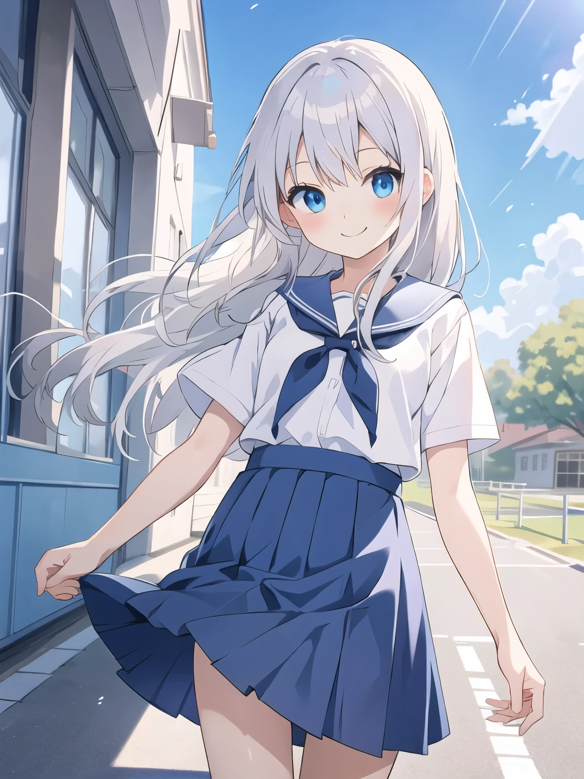 cute girl, アニメ, silver hair, Blue eyes, feel shy, cute, (young:1.2), side shot, cowboy shot, white school uniform, morning, school zone, smile, blue skirt, strong wind, (white lace pantie:1.2), (open leg:1.3), ローアングル