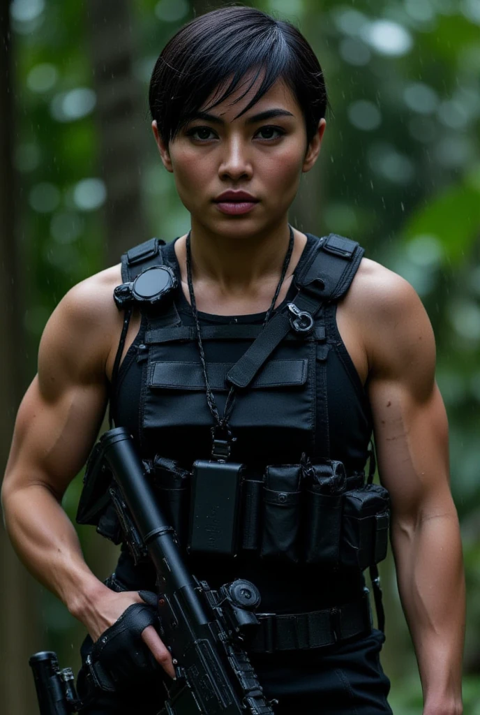(close-up shot), (facing forwards), looking directly into the camera, A stunning skinny asian fashion model in full black military gear with tactical vest, utility belt, handgun holster on her side, comm's device, and she is holding a large military machine gun. She has short black pixie hair. Her expression is confident. The image is ultra high-definition with physically based rendering, detailed textures. (black military tactical gear:1.9), black earbuds, (black utility belt:1.5), (muscular biceps:1.3), (machine gun in hand:1.5), (short black pixie hair:1.9), shaved hair on the side, (shaved hair on the side:1.5), She is walking forwards in a dense jungle at night. Heavy rain pours. (rain:1.9), heavy rainfall, The image is ultra high-definition with physically based rendering, detailed textures. (Night time:1.8), (very dark), (detailed face), (highly detailed eyes:1.3), (realistic), (photo-realism:1.4), no tattoos