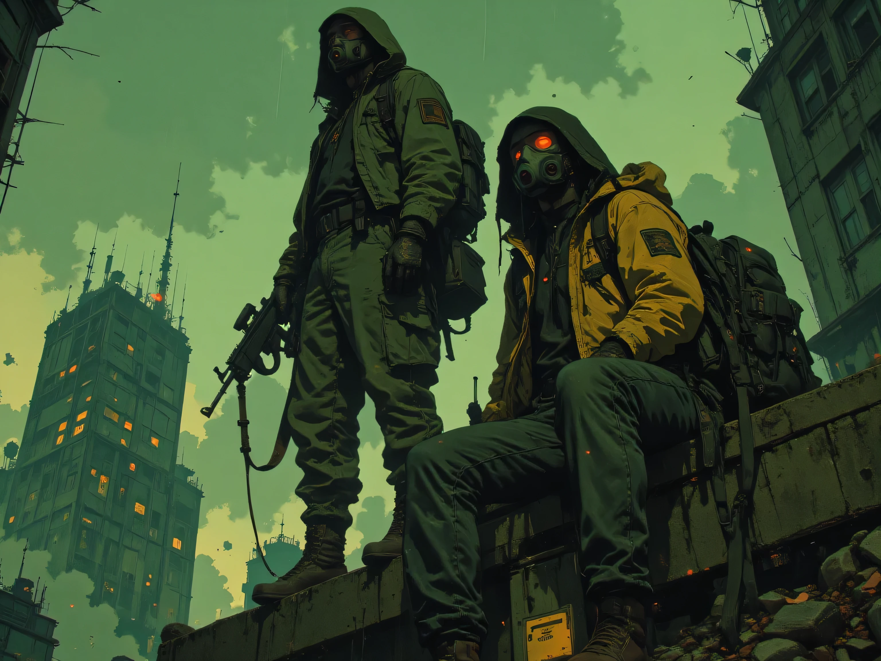 On the ledge of a building, two young men in an absurd survival scenario. One is tall, muscular and confident with a rifle in his hands: an ex-military man; as the second is frail, even a little stooped, carrying a heavy bag with a lot of electronic rubble, but above all, a radio in his hands: a technology enthusiast. Yet there was something particularly absurd and ingenuous in the behavior of these two characters. They wearing gloves, a dark hooded cloak and a full-face gas mask with reflective lenses. The mask is detailed with multiple filters and tubes, giving a post-apocalyptic or survivalist appearance. The individus are dressed in layered, rugged clothing, including a military-style jacket with various straps and pouches. Dramatic, melancolic, atmospheric portrait featuring a futuristic post-apocalyptic rubble of a city deserted by man, in a green misty, environment, under a toxic heavy rain, adding to the mysterious and ominous mood. The lighting is subdued, with darks shadows. The overall color palette is muted, dominated by lot of dark greens, blacks, and grays, yellow and blue, contributing to the somber and enigmatic atmosphere of the scene, contrasted by touches of saturated color. Dark clouds in the sky. it's raining really hard. Soft shadows enhancing the texture of the clothing and mask. masterpiece, sexy, very aesthetic, best quality, 8K, hyperdetailed, cinematic, dark, somber, eerie atmosphere. Romantically Apocalyptic style.