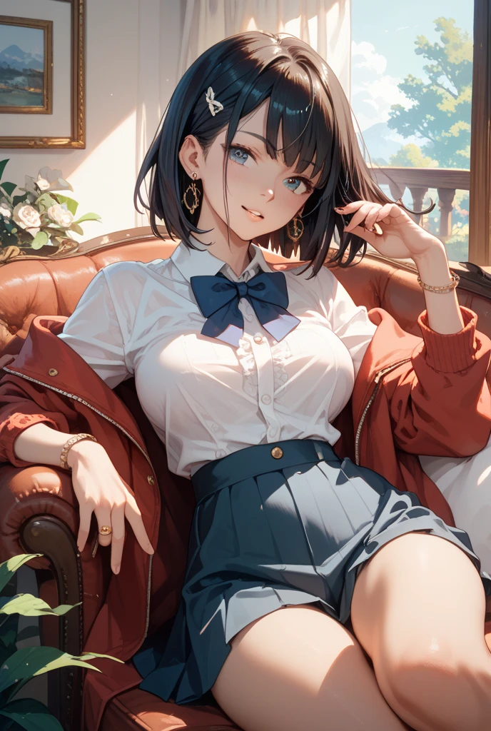(masterpiece, best quality:1.2), solo, 1girl, dmc3lady, expressionless, looking at viewer, sitting, couch, scar, heterochromia, shirt, plaid skirt, pouch, indoors <lora:dmc3_lady-10:1>