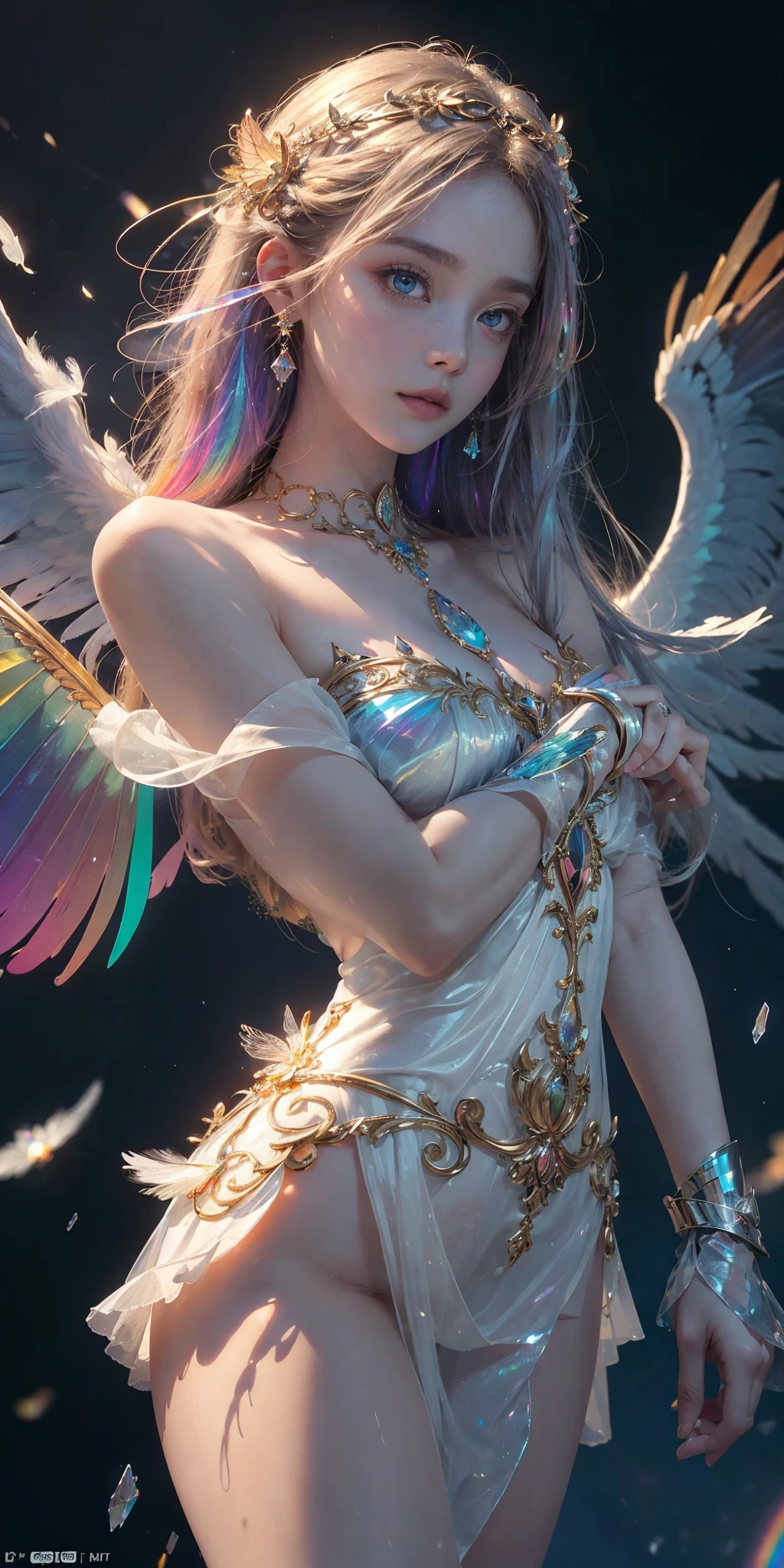(((masterpiece))), (((Best quality))), ((ultra detailed)),(highly detailed CG illustration), ((an extremely delicate and beautiful)), Cinematic light, Create a stunning work of fantasy art that imitates the style of current masters of the genre. The artwork should contain elements of both mythical fantasy and fairy tale fantasy with dreamy rainbow accents. ((Use rainbow as the main color scheme.)) The character in the artwork is a small, delicate but strong figure, with an aura of mystery and magic. (beautiful translucent rainbow wings). Pay close attention to intricate facial features, such as fascinating eyes with vibrant colors and bold shading. The character's clothing should be designed like that of a sorceress, silk, stunning embroidery, and subtle iridescent details. Incorporate (((Translucent rainbow))), dreamy colors, dynamic lighting, and detailed background elements to create a sense of wonder and immersion. Includes colorful magical flying birds and jewel-toned firepower that radiates a magical aura. Consider the latest trends in fantasy art, such as incorporating unique lighting effects, exploring dynamic and compelling composition techniques, and experimenting with unique color palettes. Get inspired by the best artists on ArtStation and Midjourney. Camera: Choose an angle that highlights the beauty of the character and enhances the magical majesty of the artwork. Lighting: Use atmospheric lighting techniques to create depth and mood. Resolution: Aim for a high-resolution artwork to show intricate details and clarity. Artistic Inspirations: Find inspiration from trending artists on ArtStation, exploring different styles, genres, and themes.