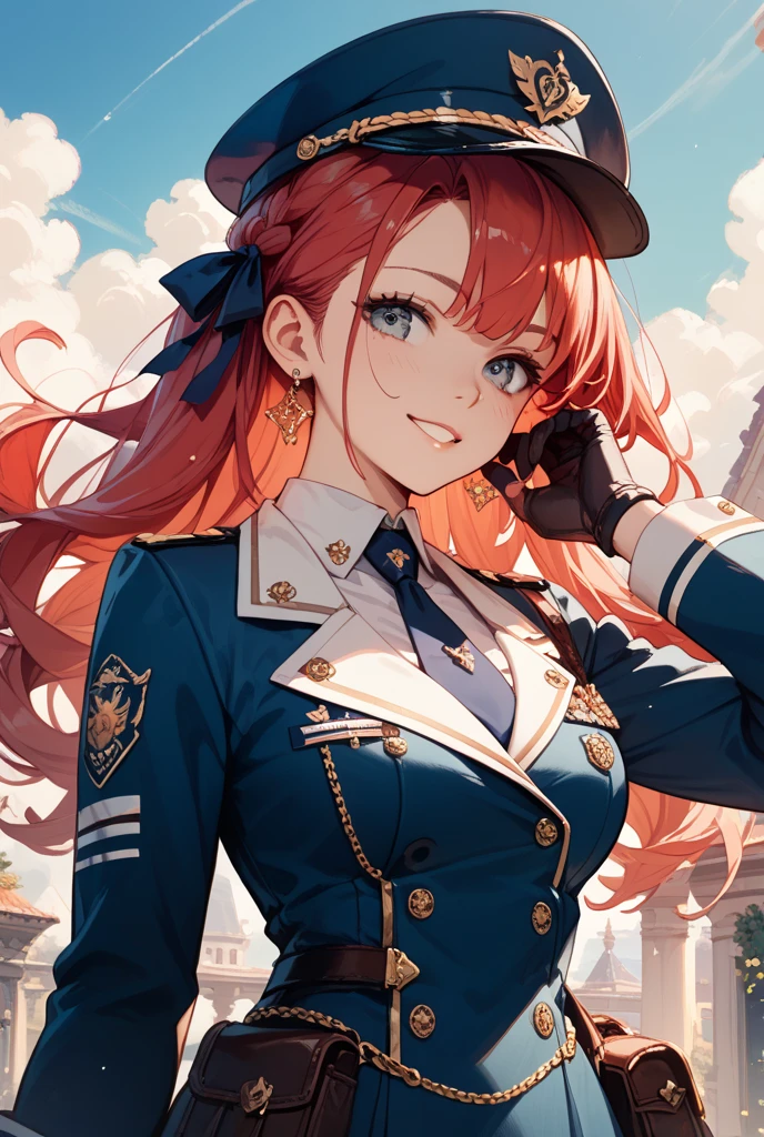 Portrait of a female commander, detailed line art, Upper body, Long curly hair, sharp eye, blindfolds, Saluting, medal, army suit, Military Cap、Pants, mitts、Decoration、Masterpiece、4K, light reflections, Oil painting, voluminetric lighting,