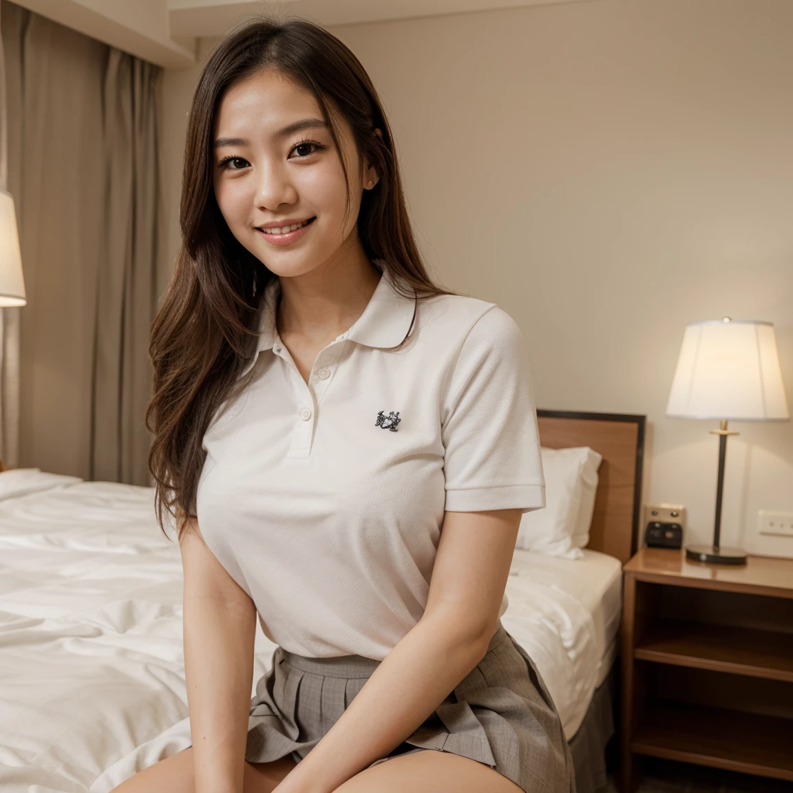 long hair korean girl look straight orange polo t-shirt black panty office smile