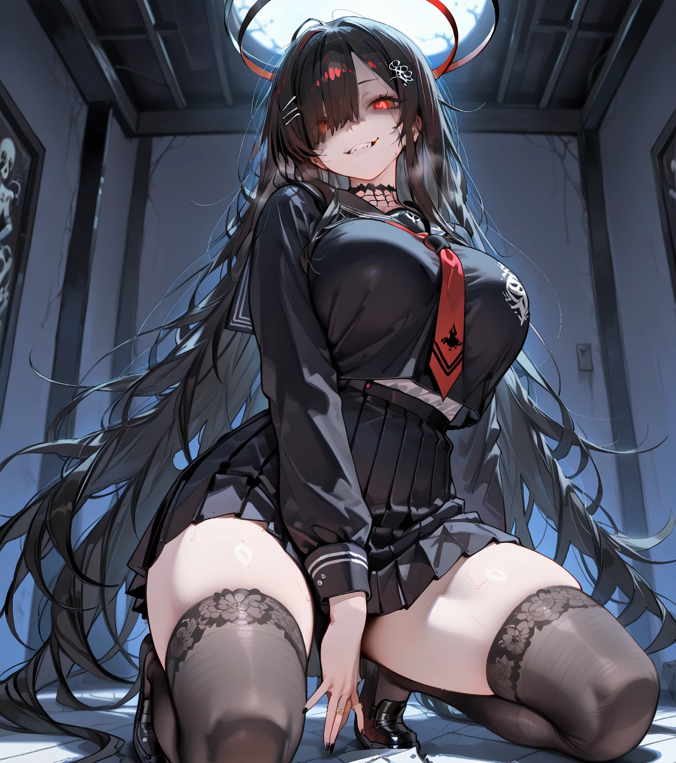 riotsukatsuki, rio, black hair, (red eyes:1.5), hair ornament, hairclip, halo, long hair,
、Extremely large breasts(4700)、 lingerie
