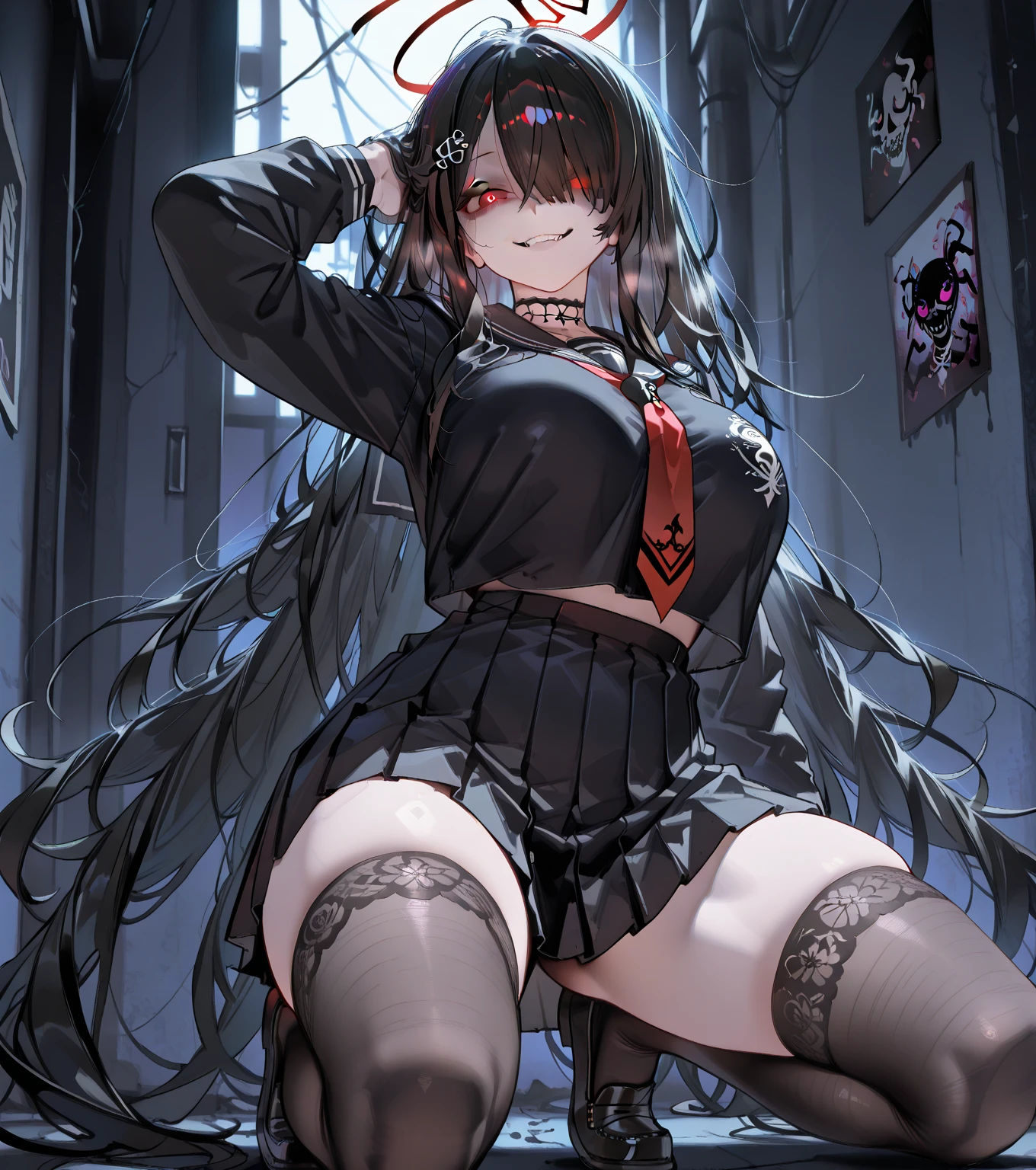 seductive lady with ample bosom and wearing a slutty cheer uniform, cheerleader, black color scheme, devil horns, long black hair, blue eyes, smirk, seductive, full body, sweat, showing off feet