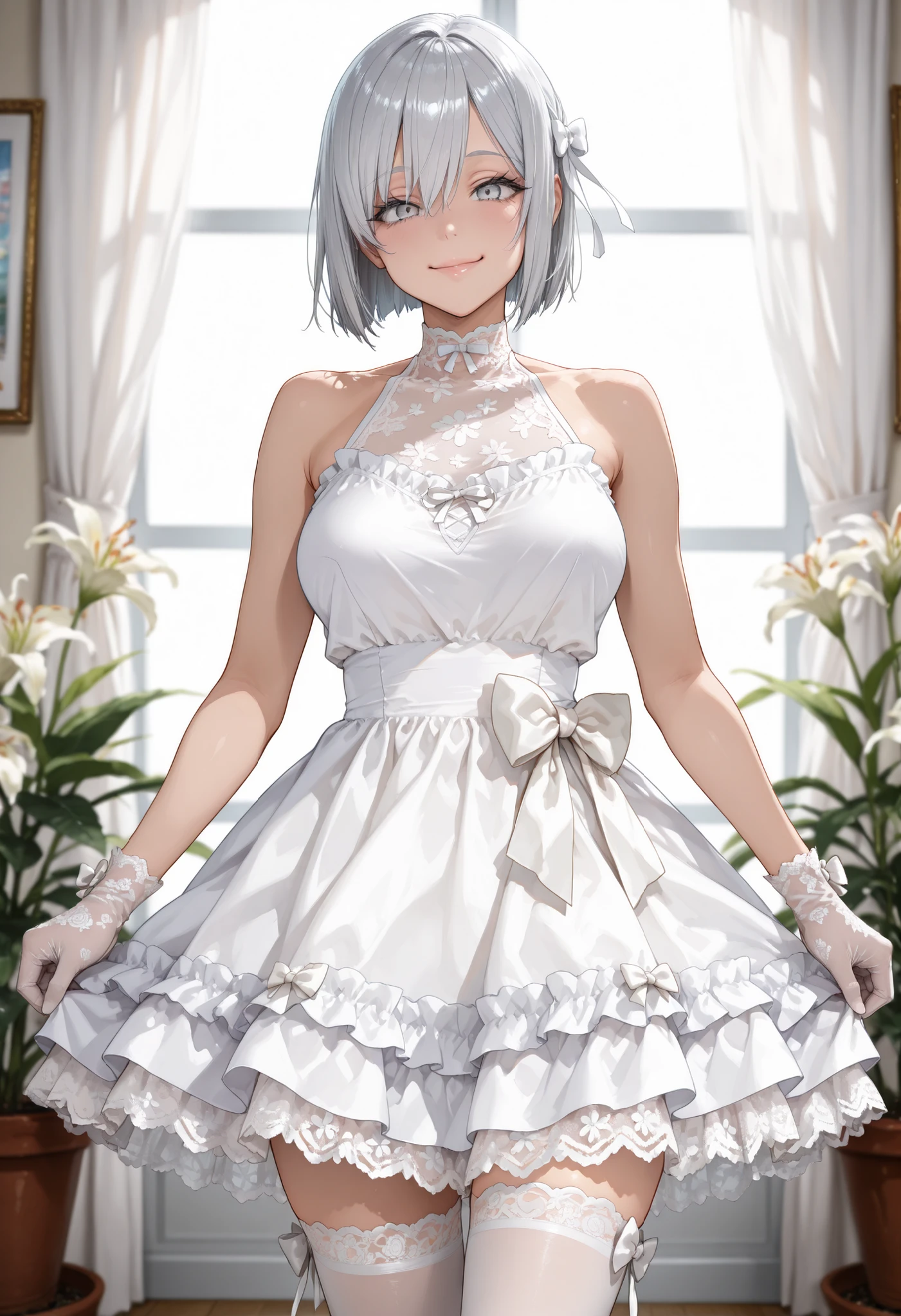 full body shot, masterpiece, best quality, amazing quality, very aesthetic, high resolution, ultra-detailed, absurdres, newest, scenery, BREAK, depth of field, volumetric lighting, (masterpiece, best quality, absurdres, detailed,perfect quality, amazing quality, very aesthetic, absurdres, newest, ultra-detailed:1.2), extremely detailed, modern, very awa, crisp, sharp, beautiful eyes, fine textures, clean skin, 1girl, 18yo, cowboy shot, BREAK a japanese cute sexy girl, silver hair, bobcut, bang between eyes, BREAK ((glossy silver eyes:1.5)), (cute eyes, tareme, twinkle eyes), (large breasts), cute face, beautiful face, pretty face, beautiful, good anatomy, long eyelashes, expressive eyes, Perfect Hands, happy, smile, glossy lips, (close mouth:1.2), perfecteyes, BREAK, (cute classic dress:1.3), (fusion of white High neck blouse and white classic dress:1.4), ((bare shoulders, no Sleeve):1.3), (white ribbon bow:1.3), (bare arms:1.4), ((lace and tulle Layered skirt with ruffles):1.3), (white stockings with floral-lace:1.3), (sheer white lace evening gloves:1.2), (white high heels:1.1),sunshine, windy, at the flower garden, she is walking to viewer, BREAK soft lighting, (masterpiece, best quality), (cute, 8K, perfect lighting, perfect anatomy), absurdres, (best quality), (ultra-detailed:1.2), high res, very aesthetic, ultra-detailed, cinematic, masterpiece, best quality, sharp outline, detailed eyes, high gradient eyes, high definition eyes