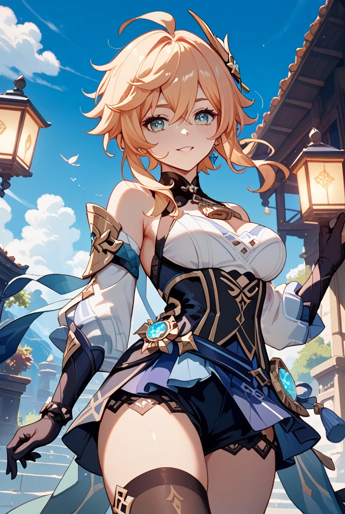 ((best quality)), ((masterpiece)), (detailed), 1 a draconian woman with a long blue tail covered in scales and golden horns, 8k_wallpaper, extremely detailed eyes, (large masterpiece digital art), (intricate details:1.3 ), (ultra-detailed:1.3), (sharp focus:1.3), (natural lighting:1.05), (vivid colors:1.3), (best quality:1.4), high quality, expressive eyes, full body, detailed face, beautiful face, perfect face, ((blonde hair sandy white curls)), (gold eyes), {{dark skin}}, ({dark skinned female}), big breasts, (huge chest), outlines of nipples under clothing, strong powerfully visible muscles of the abdomen and thighs and legs, strong muscles of the arms, bold and decisive playful look of golden eyes, a predatory and vulgar smile with many fangs, she is wearing an open dark blue kimino with patterns of golden maple leaves, a white translucent crop-top, leather mini-shorts, lowered leather wide red belts on the waist with large yarn, a backpack with a two-handed katana, she walks along a path against the backdrop of a dense forest and the ruins of an old castle, sunny clear day, fantasy style character concept art,