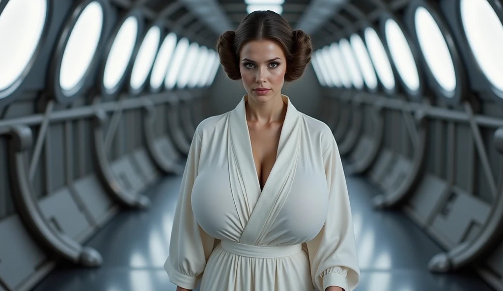sexy masterpiece, best quality, highest quality, high definition, highly detailed, 8K, female jedi in tan robes, (face of Daisey Ridley from Google image search engine), athletic and fit body, naughty, slutty, perfect hands, detailed hands, perfect eyes, detailed eyes, flirty, sexy, naughty, posing, hands and arms at sides, large plump boobs, realistic, HDR, UHD, dynamic, Imperial starship, Star Wars, good lighting, jedi robes, cleavage