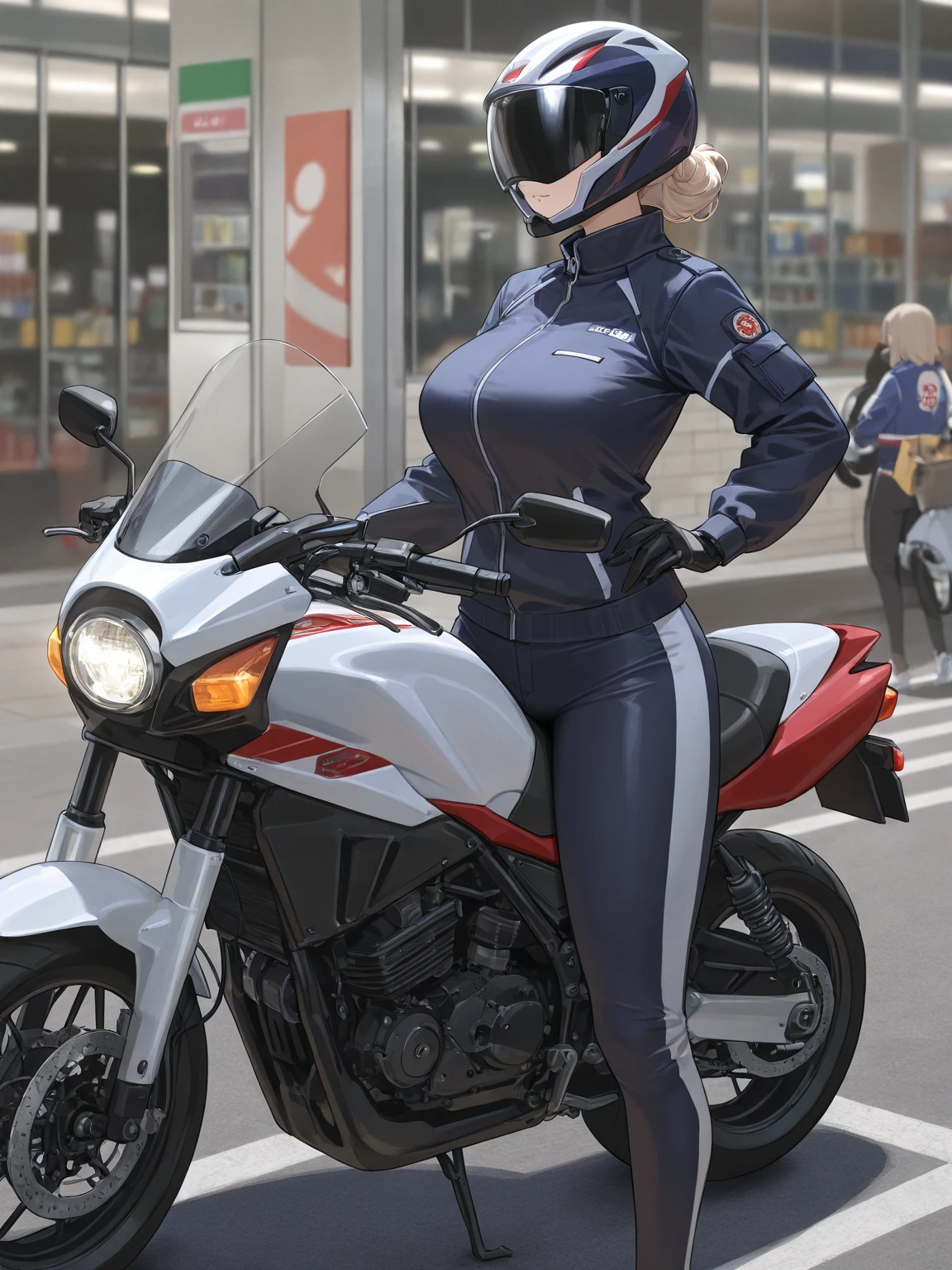 masterpiece, best quality, detailed,Perfect Anatomy, Beautiful white skin ,blond hair,blue eyes,disheveled hair,slim,adult, ,1woman,Beautiful well-rounded face, drooping eyes,pointy high nose,smile,nose bridge,Violet Evergarden, whole body,
Motorcycle Racers,Leather racing suit,
Helmet in hand,
outdoor,circuit,motorcycle race,In front of a racing motorcycle,
