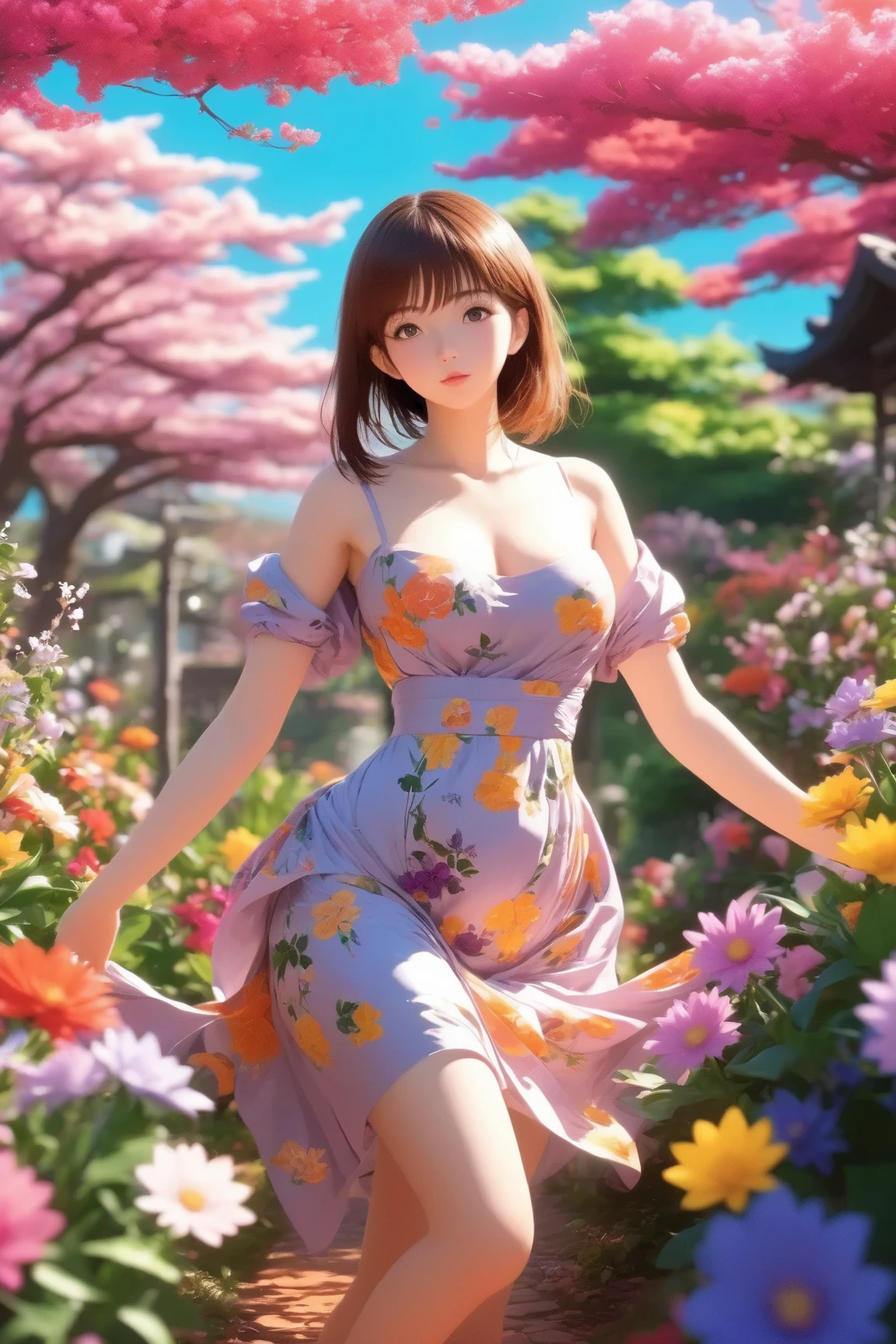 a lovely woman in a sheer brightly colored summer dress, carefree and flirting, low traffic sidewalk in Tokyo, detailed face and body, beautiful detailed eyes, beautiful detailed lips, extremely detailed eyes and face, long eyelashes, masterpiece, photorealistic, 8k, ultra-detailed, vibrant colors, natural lighting, cinematic, hyper-realistic, atmospheric, detailed environment, cherry blossom trees, warm tones, shallow depth of field, dappled sunlight. View from behind. Gentle breeze no panties