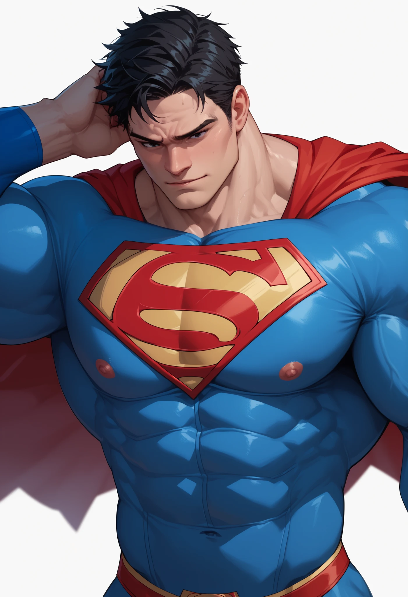 ((White background )) , rathing_explicit , solo MAN  (1man) ,  40 years old  , black short hair ,  black EYES , strong , ((superman:1.4)) ,((hyper muscular:0.5)) (muscular)