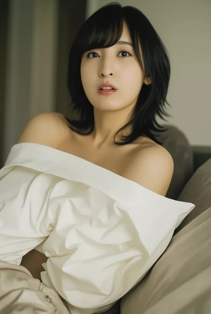 Best quality at best,8K,ultra - detailed,shot from far away,From the front,the only person，funeral，casket，Japanese young widow,with short black hair,dark lipstick,heavy  makeups，There is a mole in the corner of the left eye,Wearing black mourning clothes,put on black gloves,standing next to the coffin，(skirtlift:1.5）Lift up the skirt,real looking skin,long slim figure，（facing at the camera:1.5）(tmasterpiece),(hyper HD:1.0),(Exquisite),(church funeral),(8K,high high quality),（Japan  Woman,Very shy expression)，There are some sad men in the background