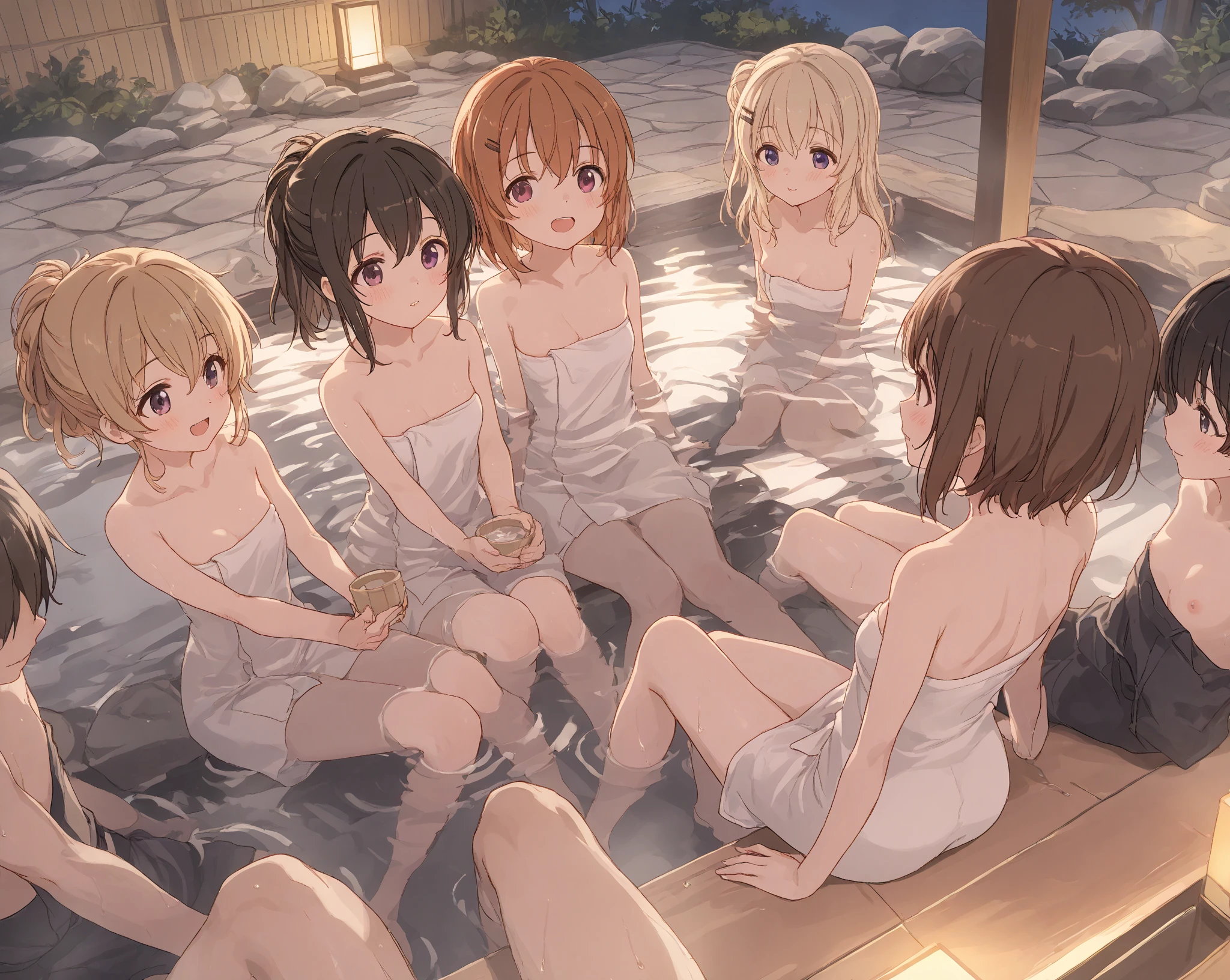 6 girls, sitting on a table, naked, showing ass, no clothes