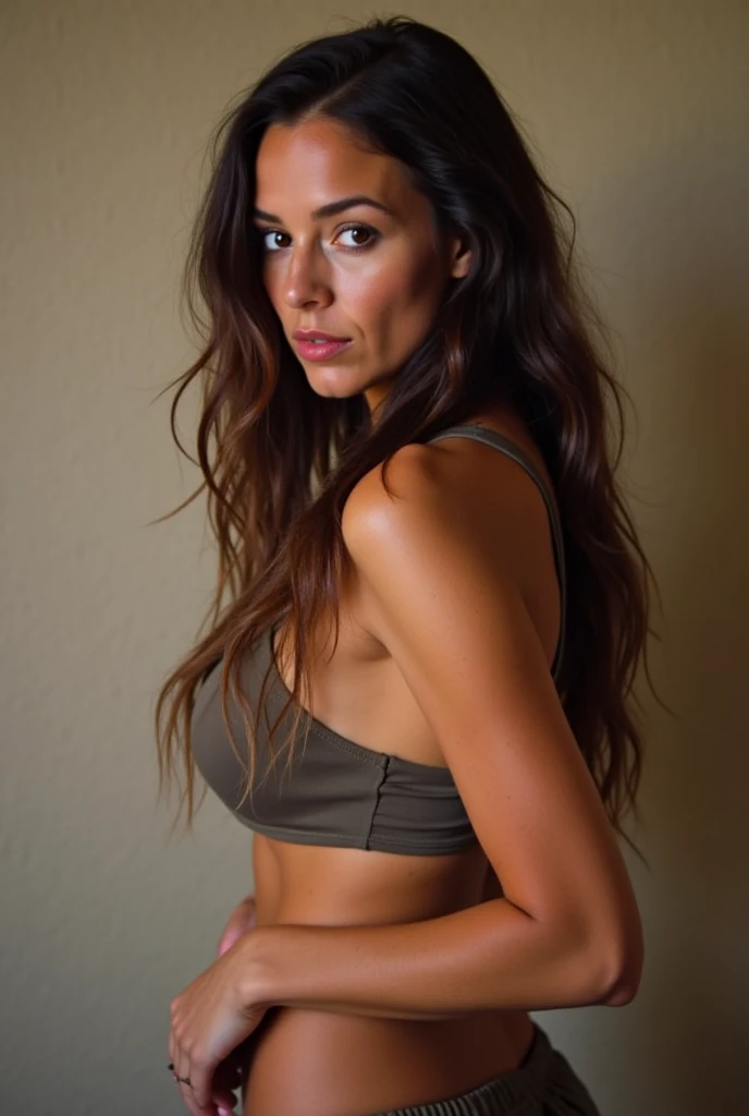 Beautiful brunette in pants , Selfie, Low cut, very detailed, , visage innocent, naturally wavy hair, yeux verts, high resolution, Boss of&#39;ouvrages d&#39;art, best quality, intricate details, very detailed, mise au point nette, detailed skin, texture de peau realistic, texture, detailed eyes, professionnel, 4K, charming smile, prise avec Canon, 85 millimeters, slight depth of field, kodak vision color, corps parfaitement ajusté, extremely detailed, Photograph_\(ultra\), photographiquerealistic, realistic, Post-traitement, maximum details, roughness, real life, ultrarealistic, photorealism, photographie, 8k uh, photographie

