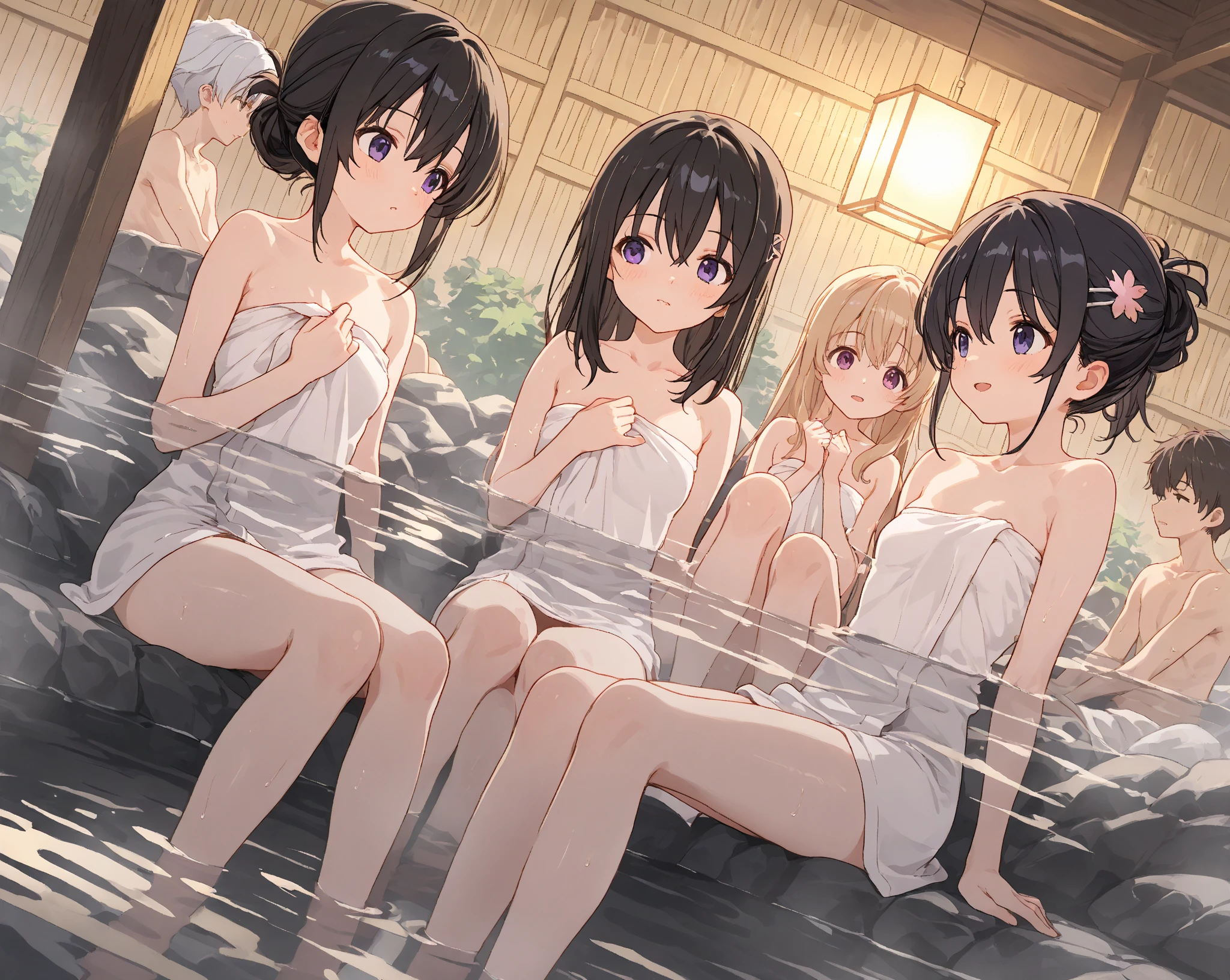 deux femmes de 25 ans, manga, dans un onsen, topless, tattoo, nipple piercing, se massant les seins