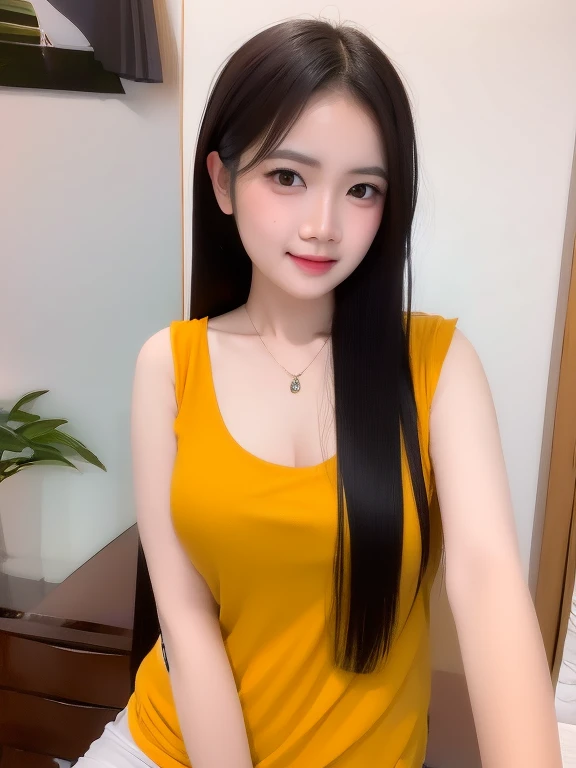 ((Highest quality, 8k, masterpiece: 1.3)), concentrate: 1.2, Perfect beauty: 1.6, Astock: 1.3, (Straight Hairstyles), (Orange One Piece Dress), (night, Hotel), Highly detailed face and skin texture, Narrow eyes, double eyelid, Whitening skin, Long Hair, A kind smile, Detailed eye makeup,Highly detailed eye texture,Full Body Shot,