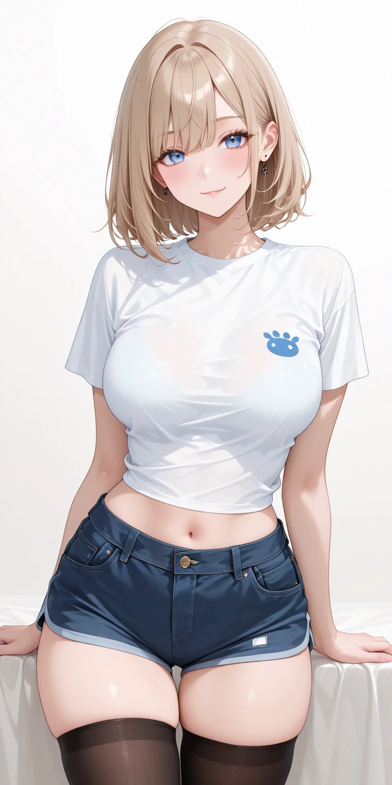 (((完美figure,figure,solo, White and tender skin,(((Cyberpunk,short sleeves, dolphin shorts, t-shirt, pink shorts, white shirt, , ))),(((MiaChadef, long hair, blonde hair, brown eyes,,))),((masterpiece)),high resolution, ((Best quality at best)),masterpiece,quality,Best quality,((( Exquisite facial features,Looking at the audience,There is light in the eyes,(((lol,Happy,))),))),(((Light and shadow,Huge breasts))),(((Looking at the camera,White background,Lying on the ground,Look up at the camera,from above,Overlooking))))